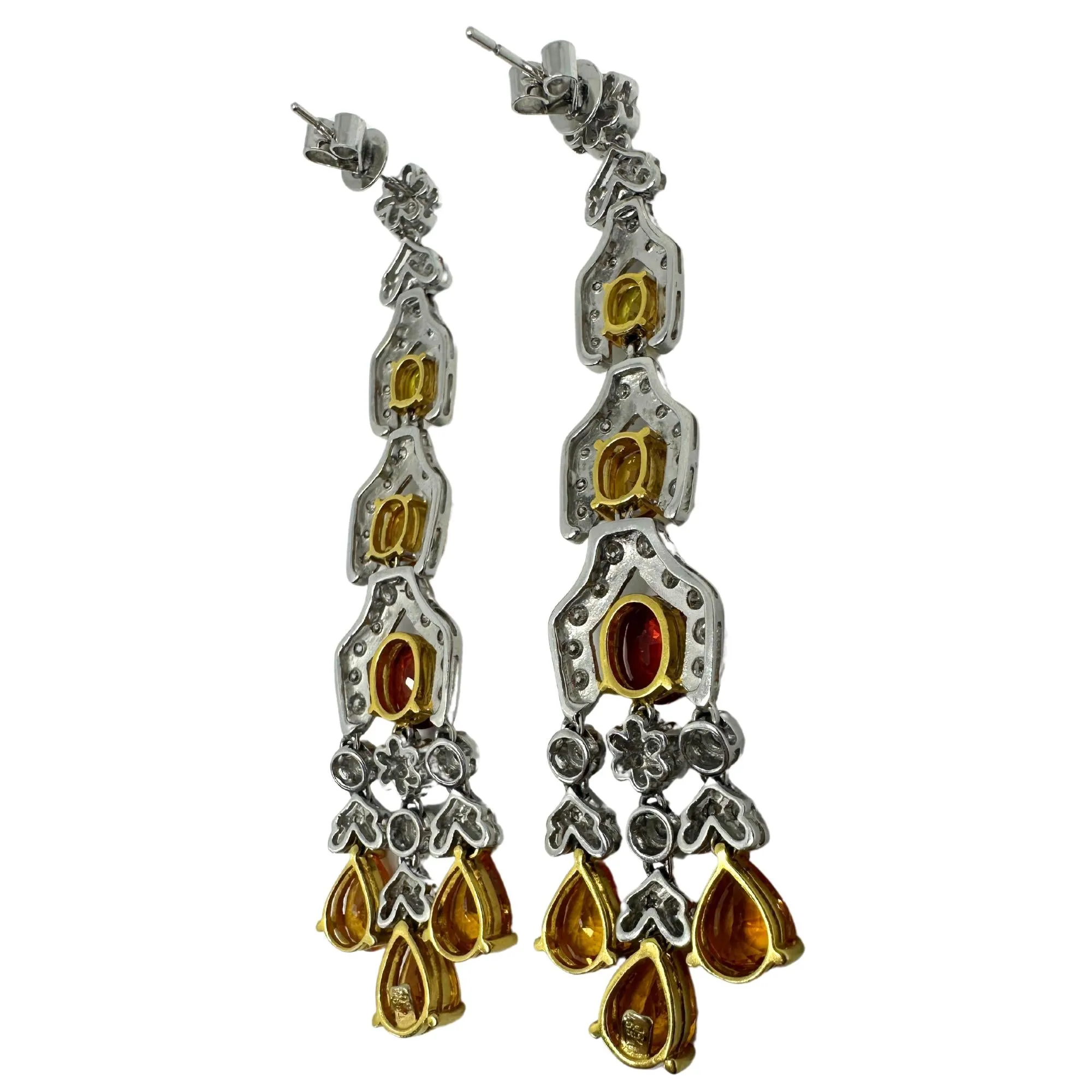 18k White Gold Diamond, Orange and Yellow Sapphire Drop Earrings