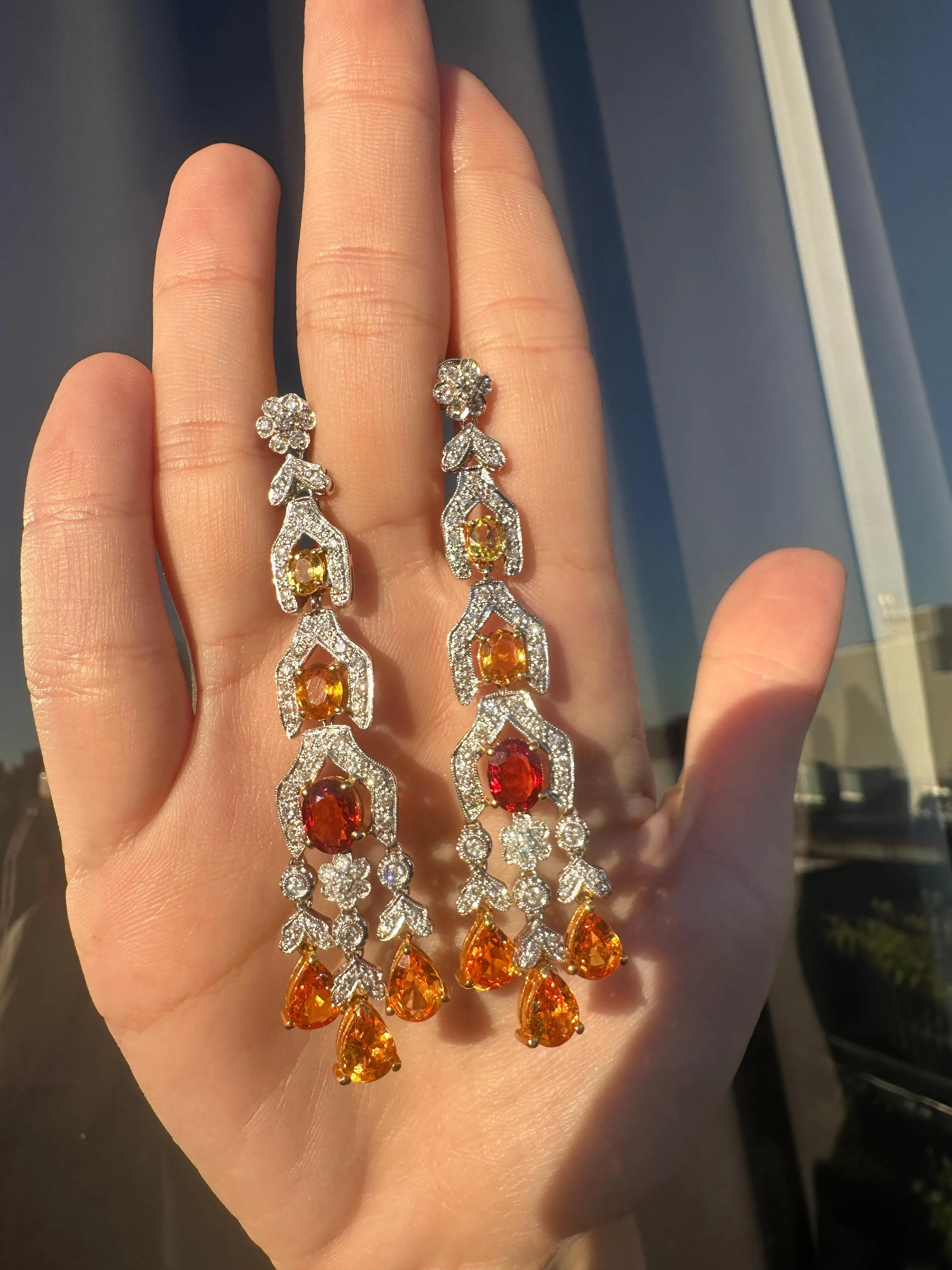 18k White Gold Diamond, Orange and Yellow Sapphire Drop Earrings