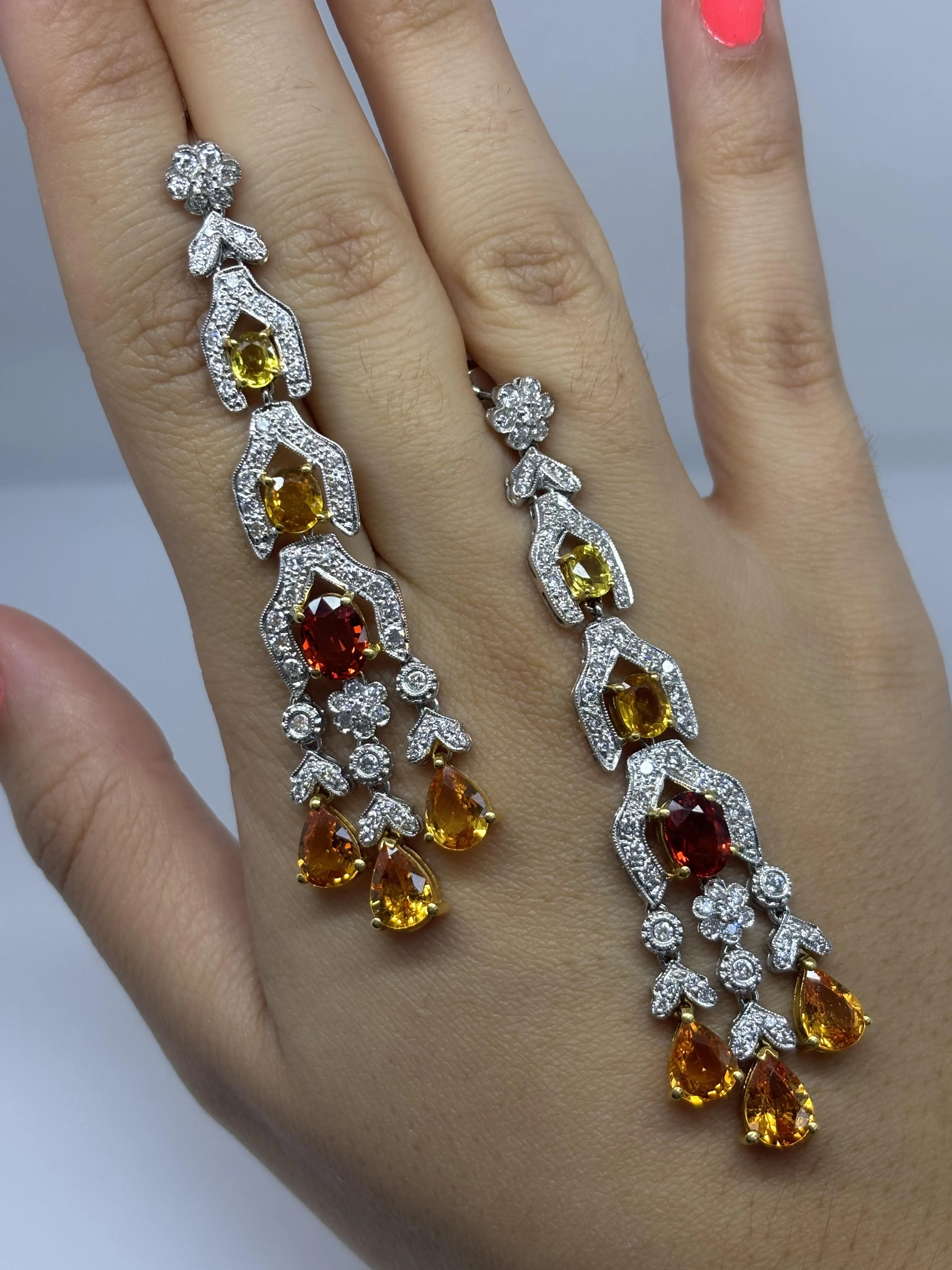 18k White Gold Diamond, Orange and Yellow Sapphire Drop Earrings