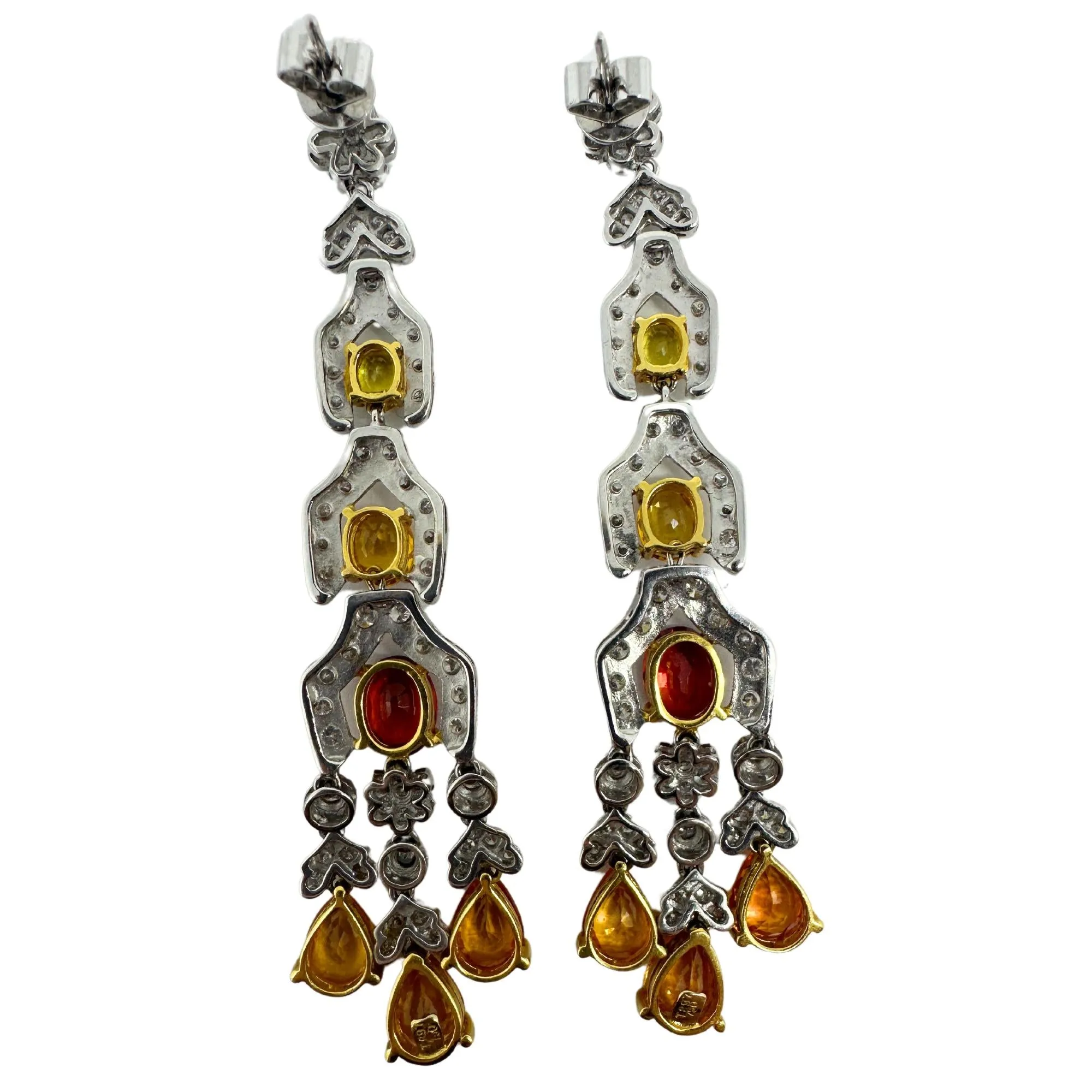 18k White Gold Diamond, Orange and Yellow Sapphire Drop Earrings