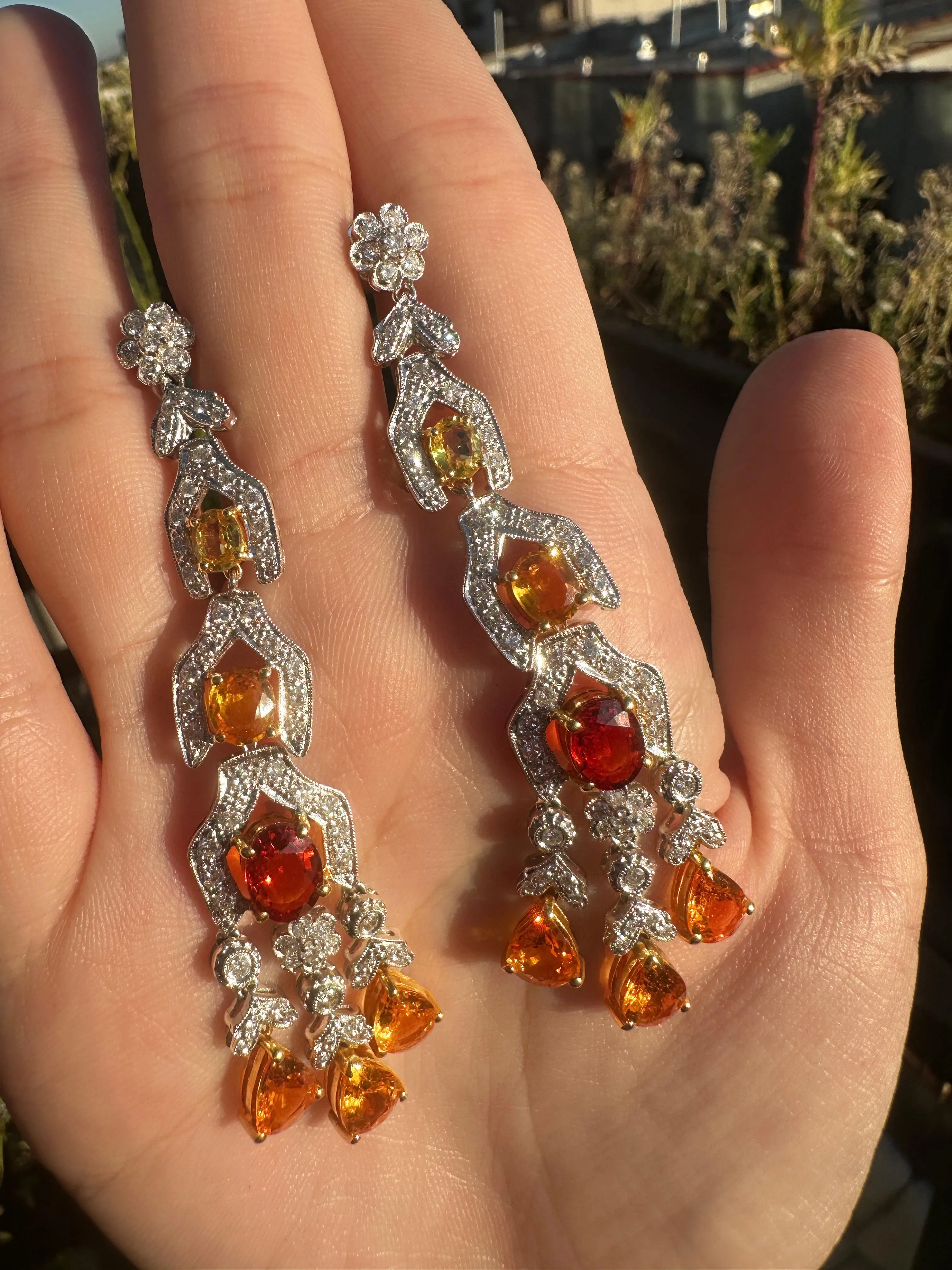 18k White Gold Diamond, Orange and Yellow Sapphire Drop Earrings