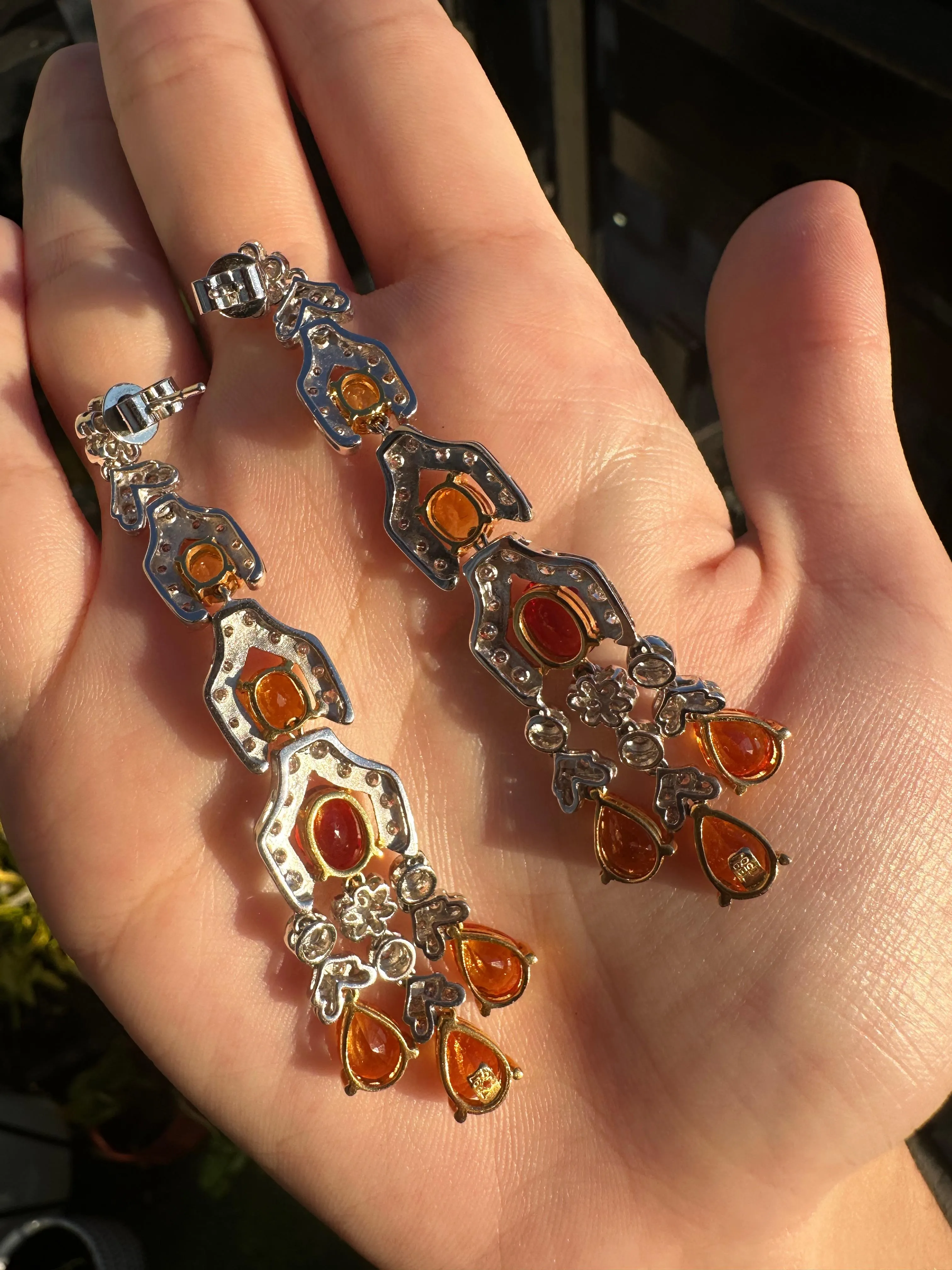 18k White Gold Diamond, Orange and Yellow Sapphire Drop Earrings