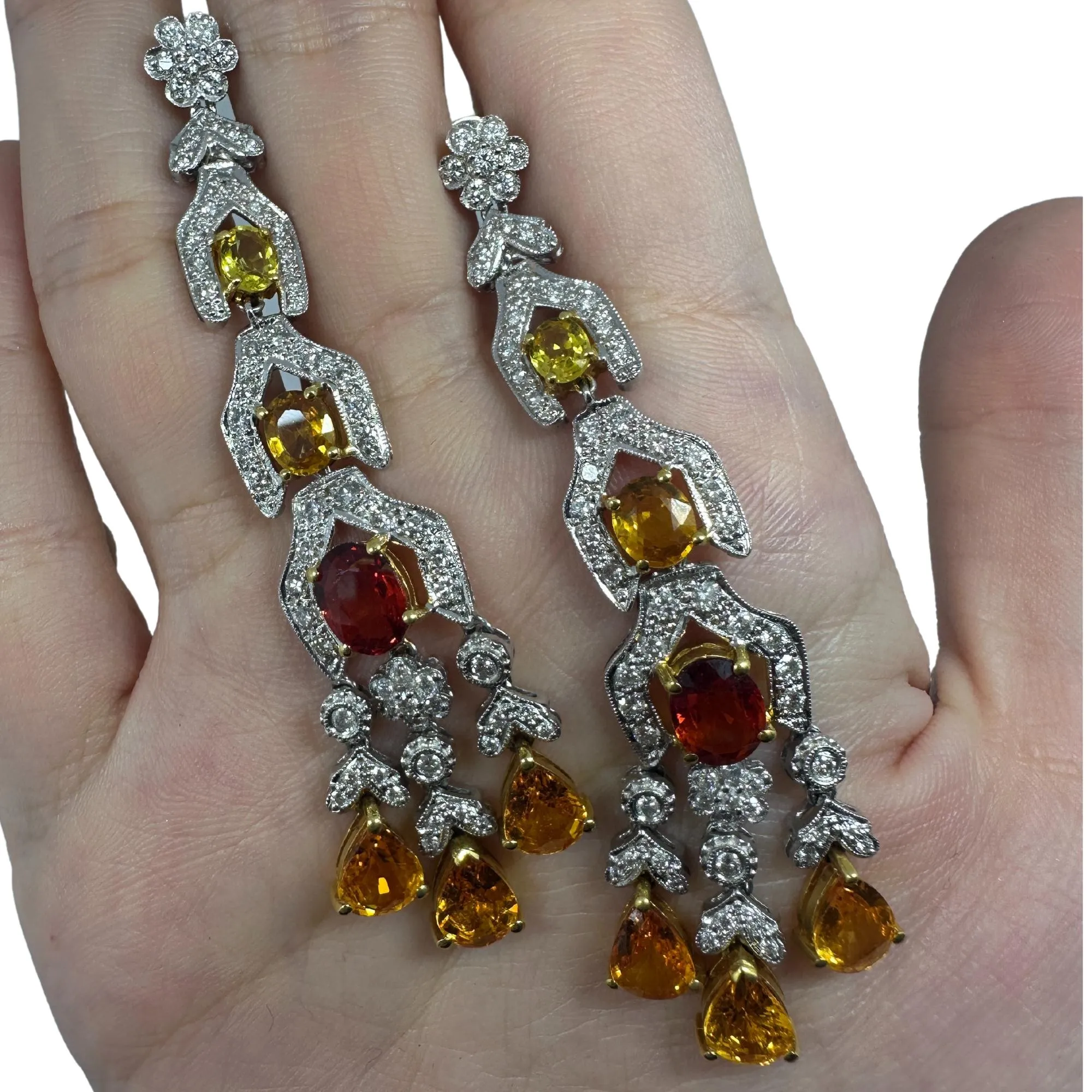 18k White Gold Diamond, Orange and Yellow Sapphire Drop Earrings