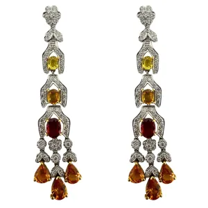 18k White Gold Diamond, Orange and Yellow Sapphire Drop Earrings