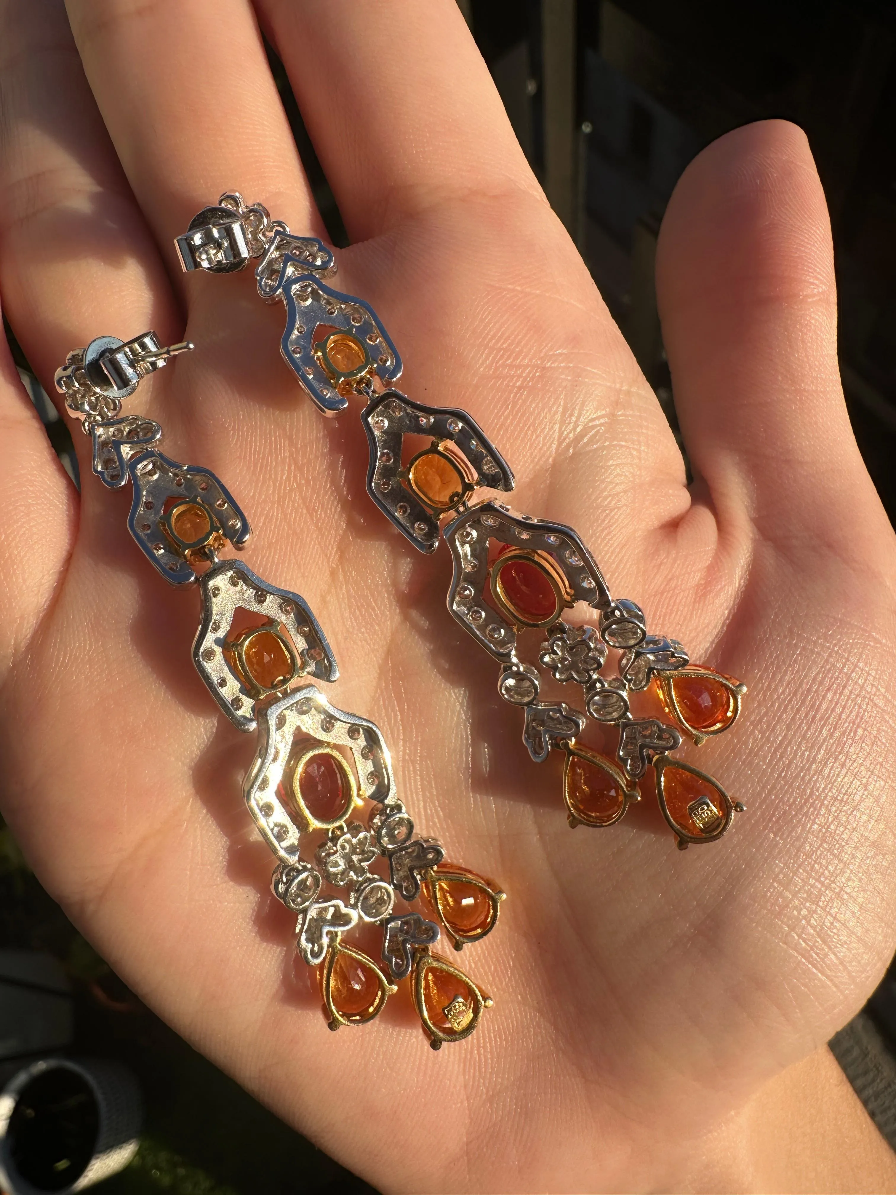 18k White Gold Diamond, Orange and Yellow Sapphire Drop Earrings