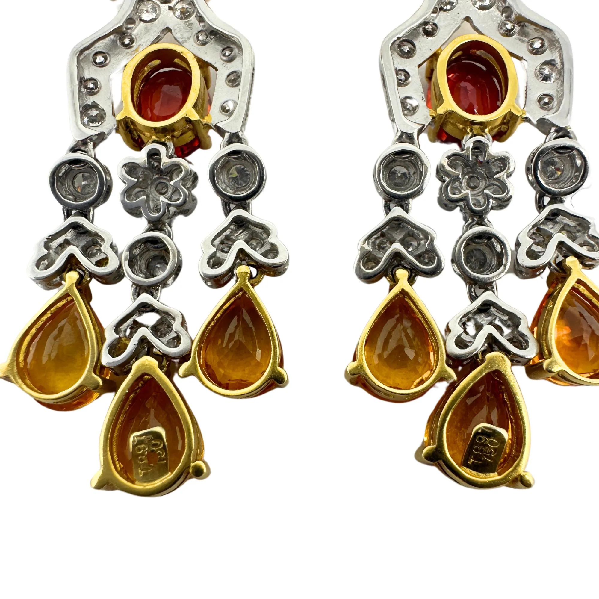 18k White Gold Diamond, Orange and Yellow Sapphire Drop Earrings