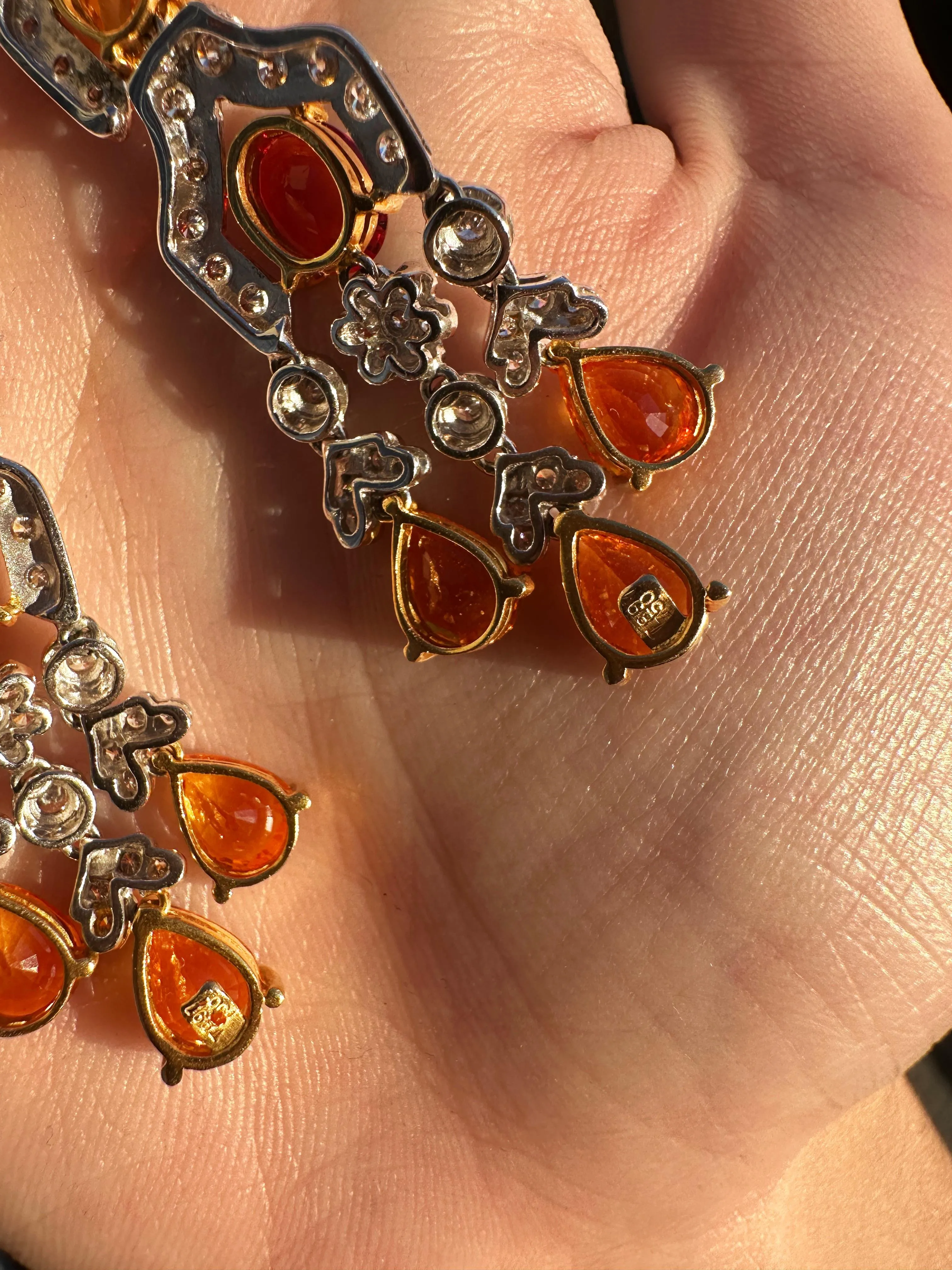 18k White Gold Diamond, Orange and Yellow Sapphire Drop Earrings