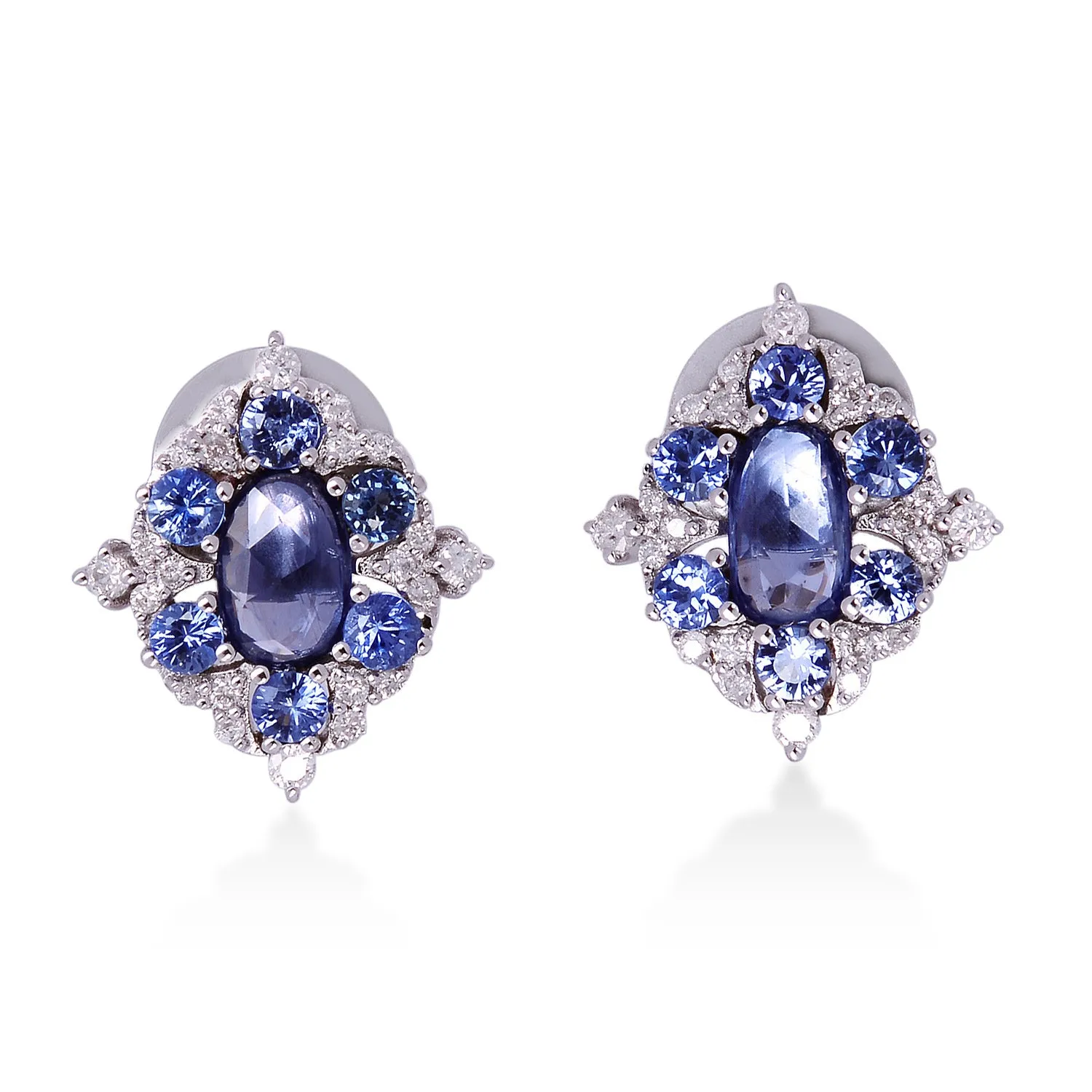 18K White Gold Oval Cut Blue Sapphire Prong Diamond Stud For Her