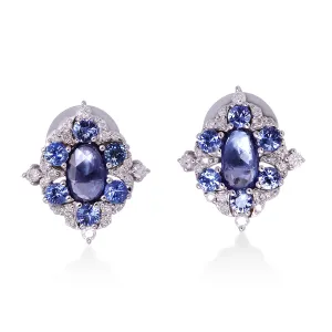18K White Gold Oval Cut Blue Sapphire Prong Diamond Stud For Her