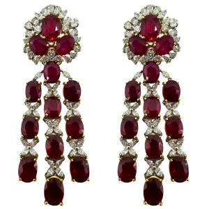18k White Gold Pear and Marquise Cut Diamond and African Ruby Drop Earrings
