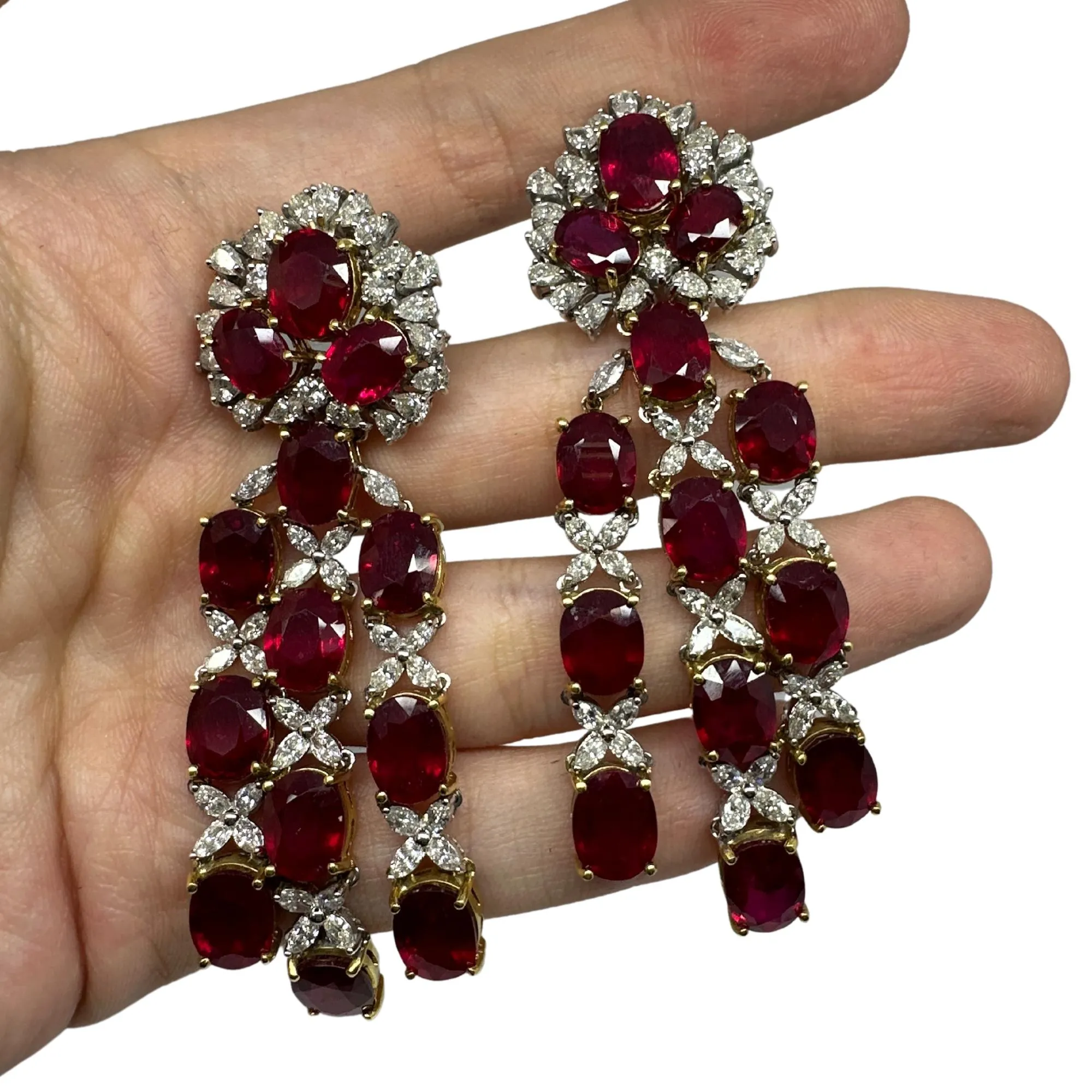18k White Gold Pear and Marquise Cut Diamond and African Ruby Drop Earrings