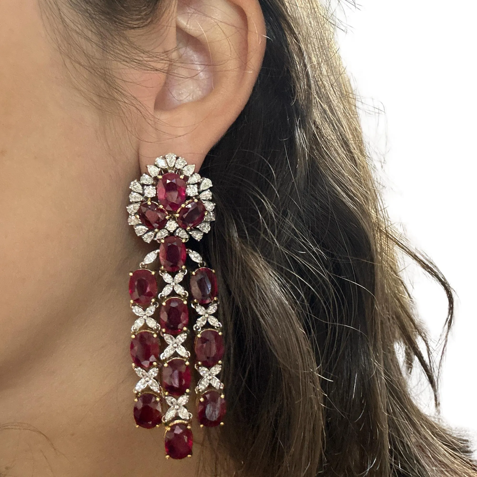 18k White Gold Pear and Marquise Cut Diamond and African Ruby Drop Earrings