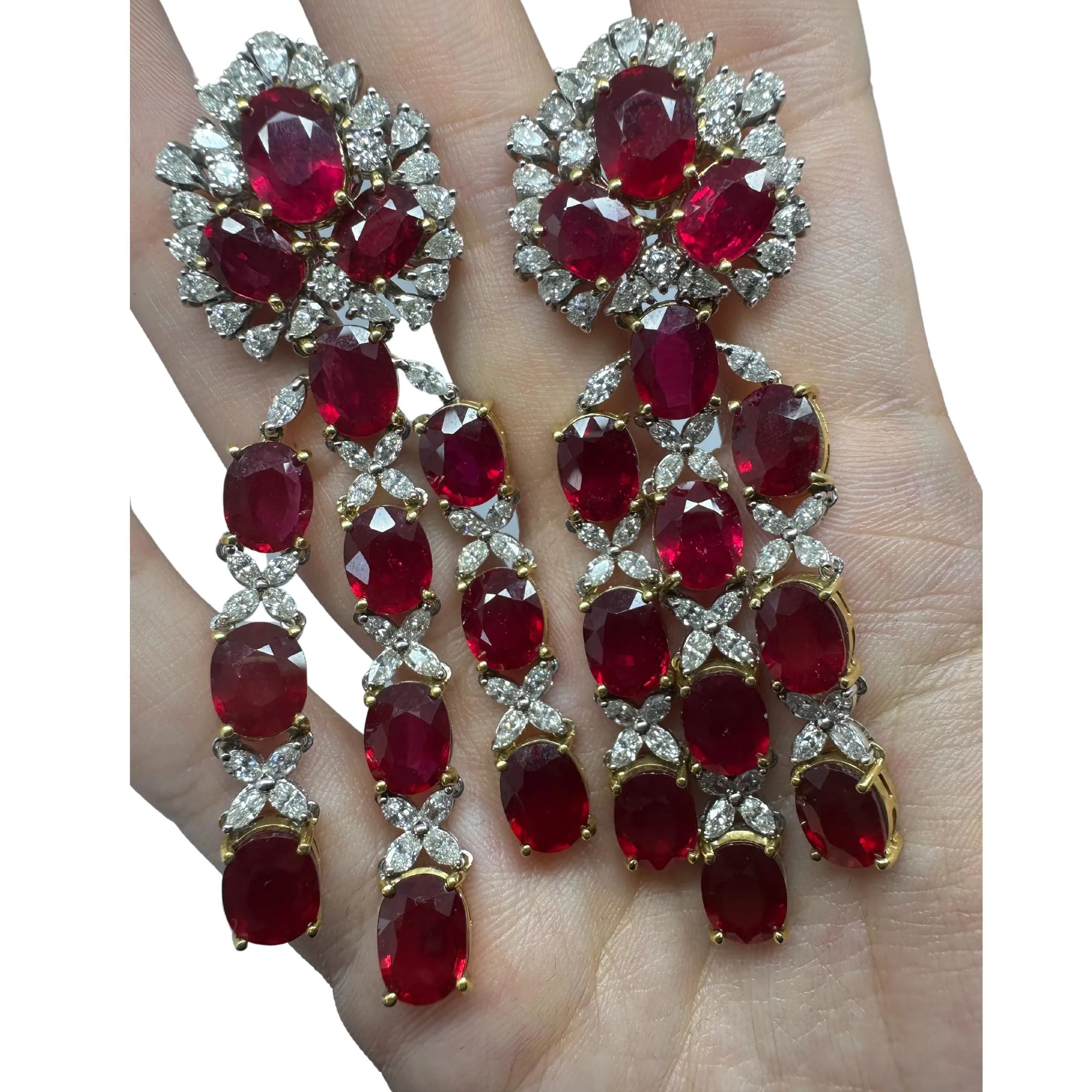 18k White Gold Pear and Marquise Cut Diamond and African Ruby Drop Earrings