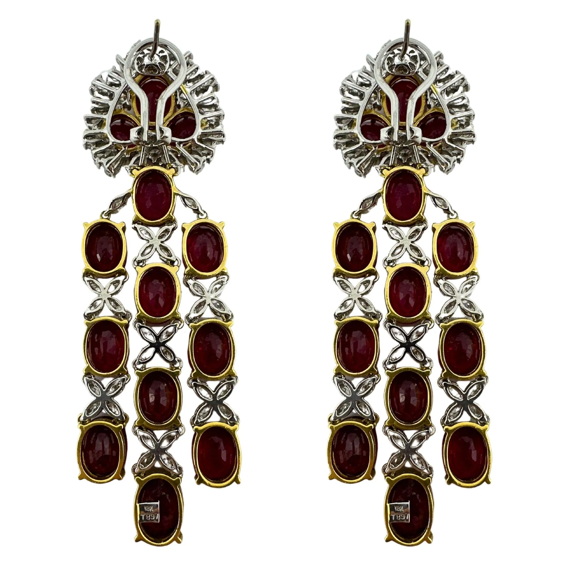 18k White Gold Pear and Marquise Cut Diamond and African Ruby Drop Earrings