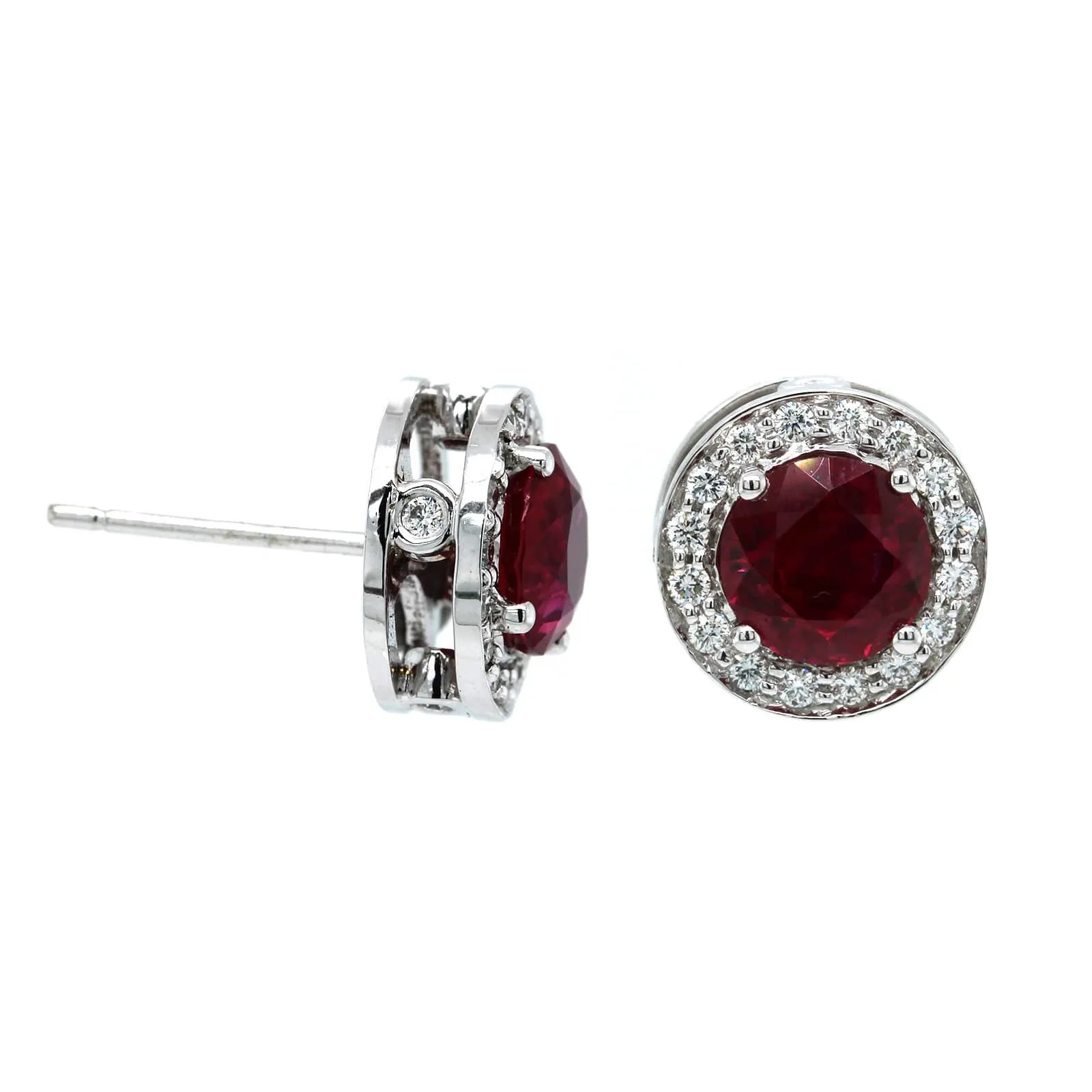 18K White Gold Ruby Diamond Halo Stud Earrings