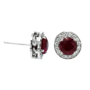 18K White Gold Ruby Diamond Halo Stud Earrings