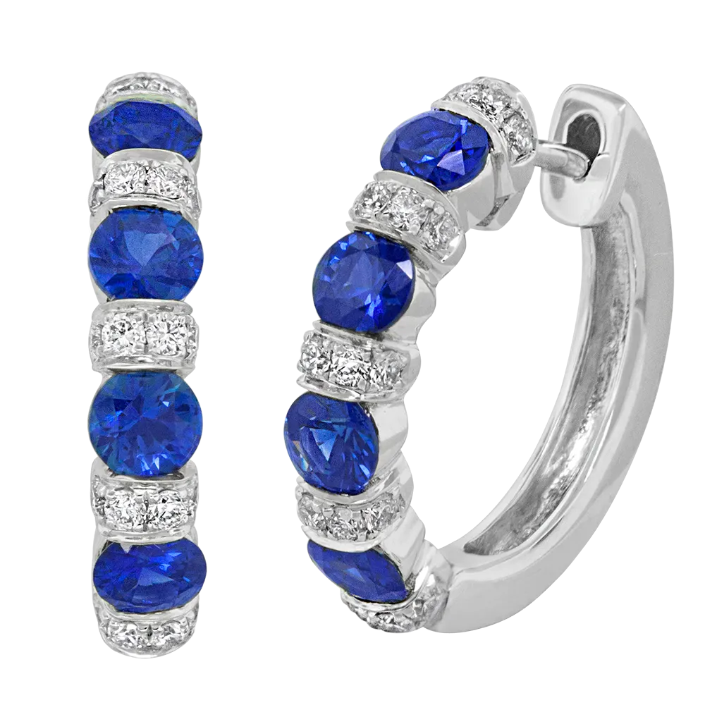 18K White Sapphire and Natural Diamond Hoop Earrings