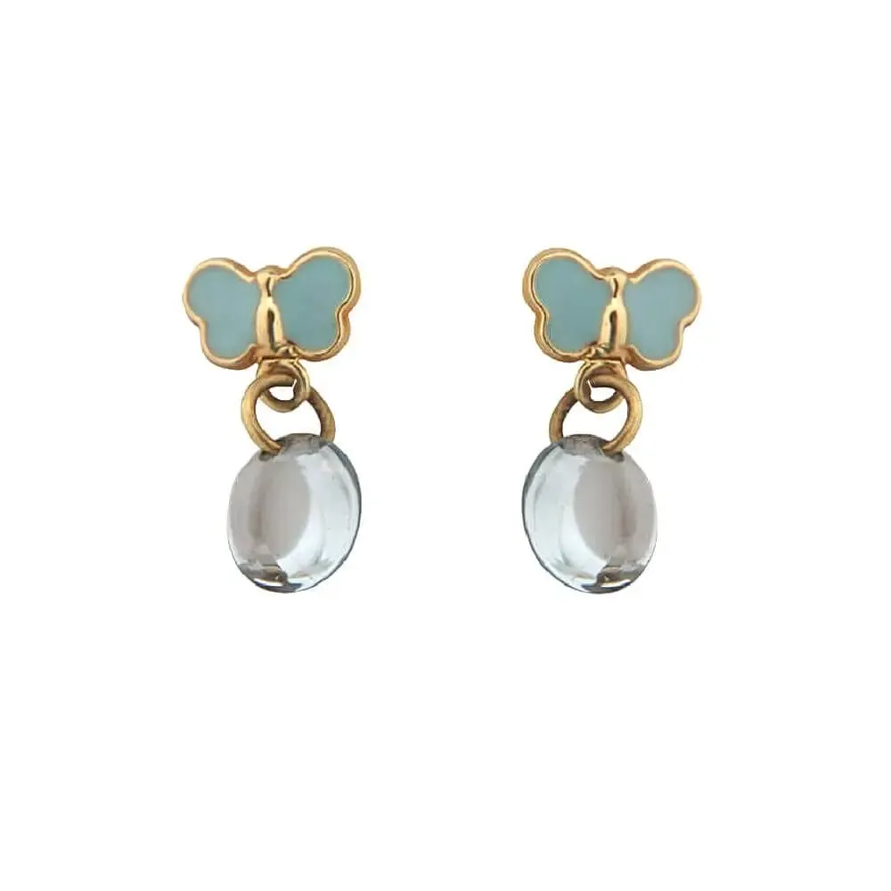 18K Yellow Gold Blue Butterfly and Drop Crystal Earrings