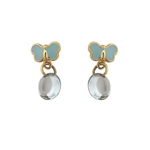 18K Yellow Gold Blue Butterfly and Drop Crystal Earrings