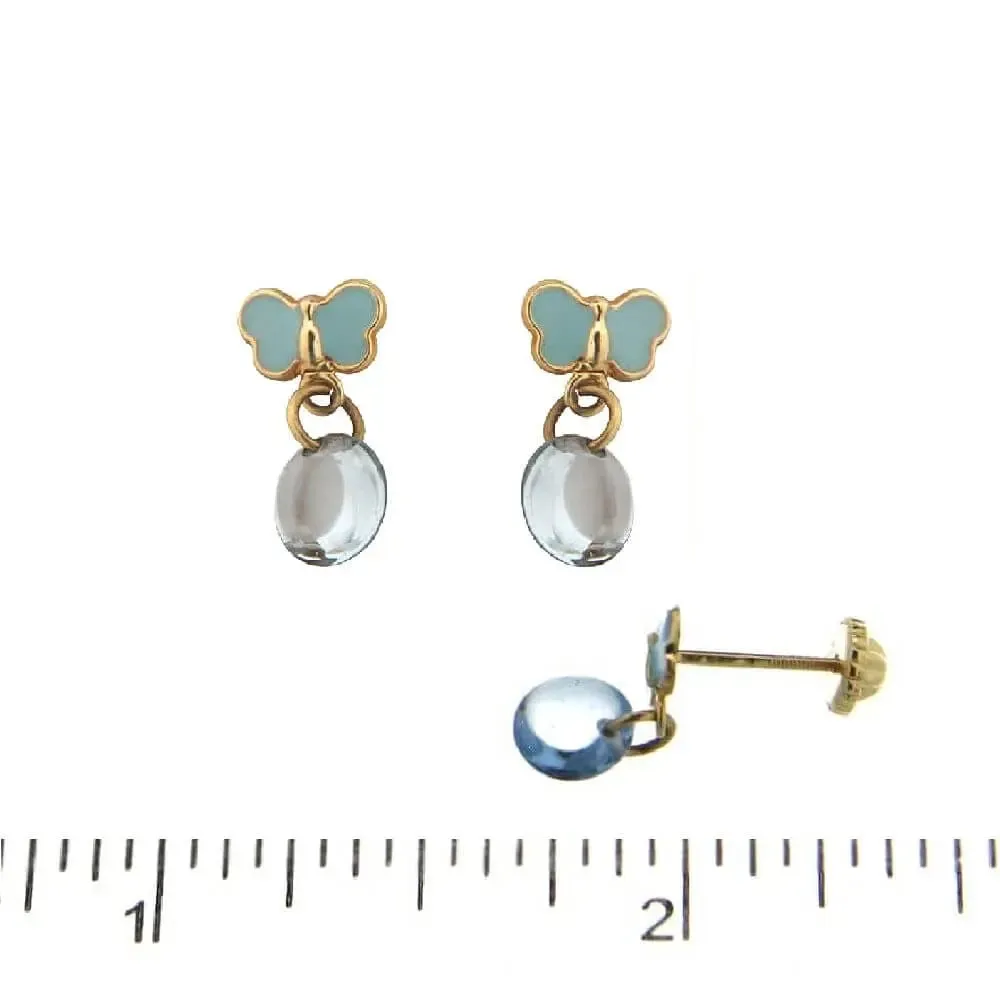 18K Yellow Gold Blue Butterfly and Drop Crystal Earrings
