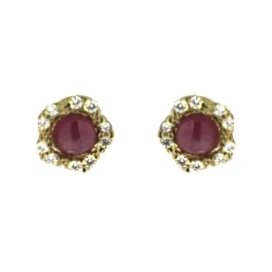 18K Yellow Gold Cabochon Ruby and Zirconia Flower Earrings