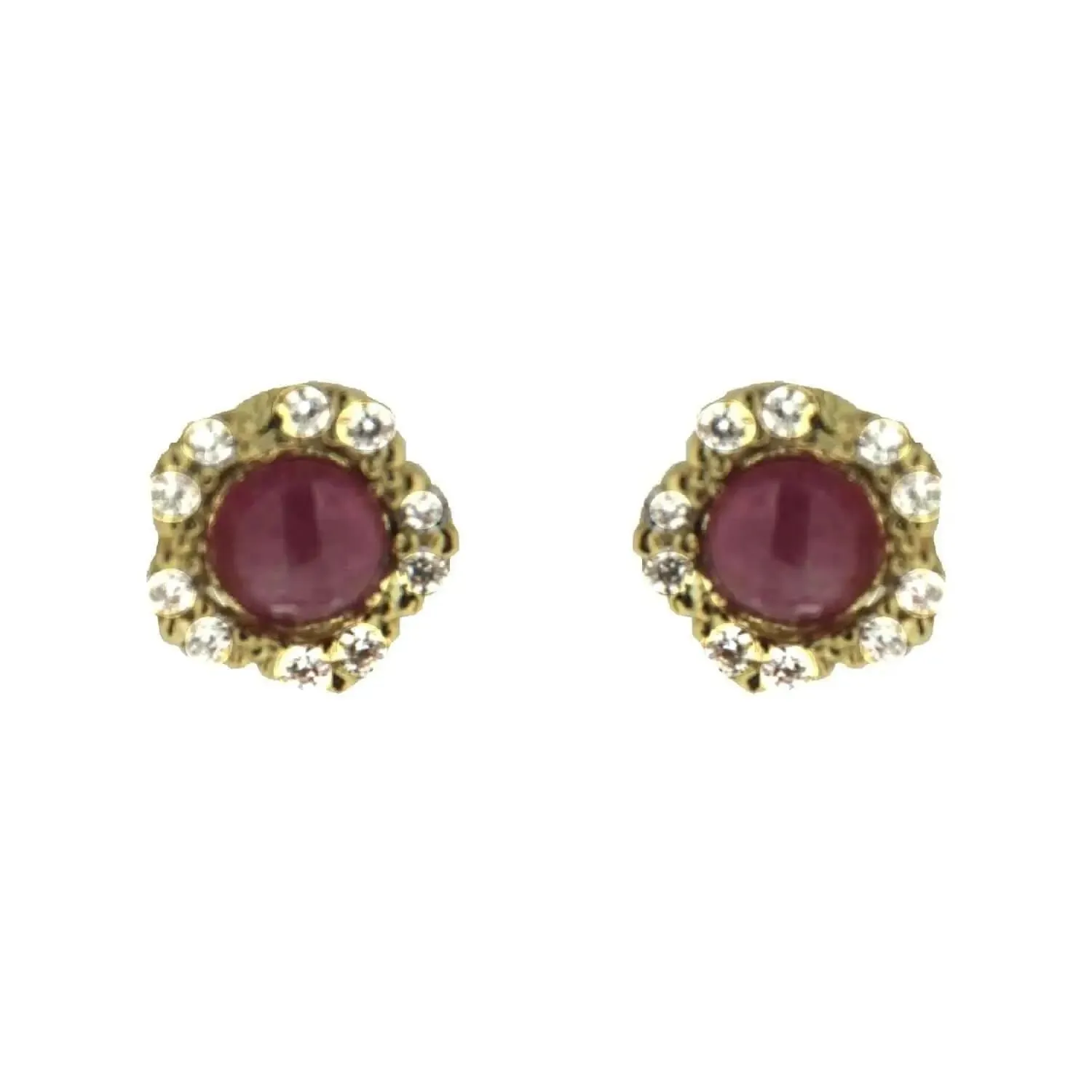 18K Yellow Gold Cabochon Ruby and Zirconia Flower Earrings