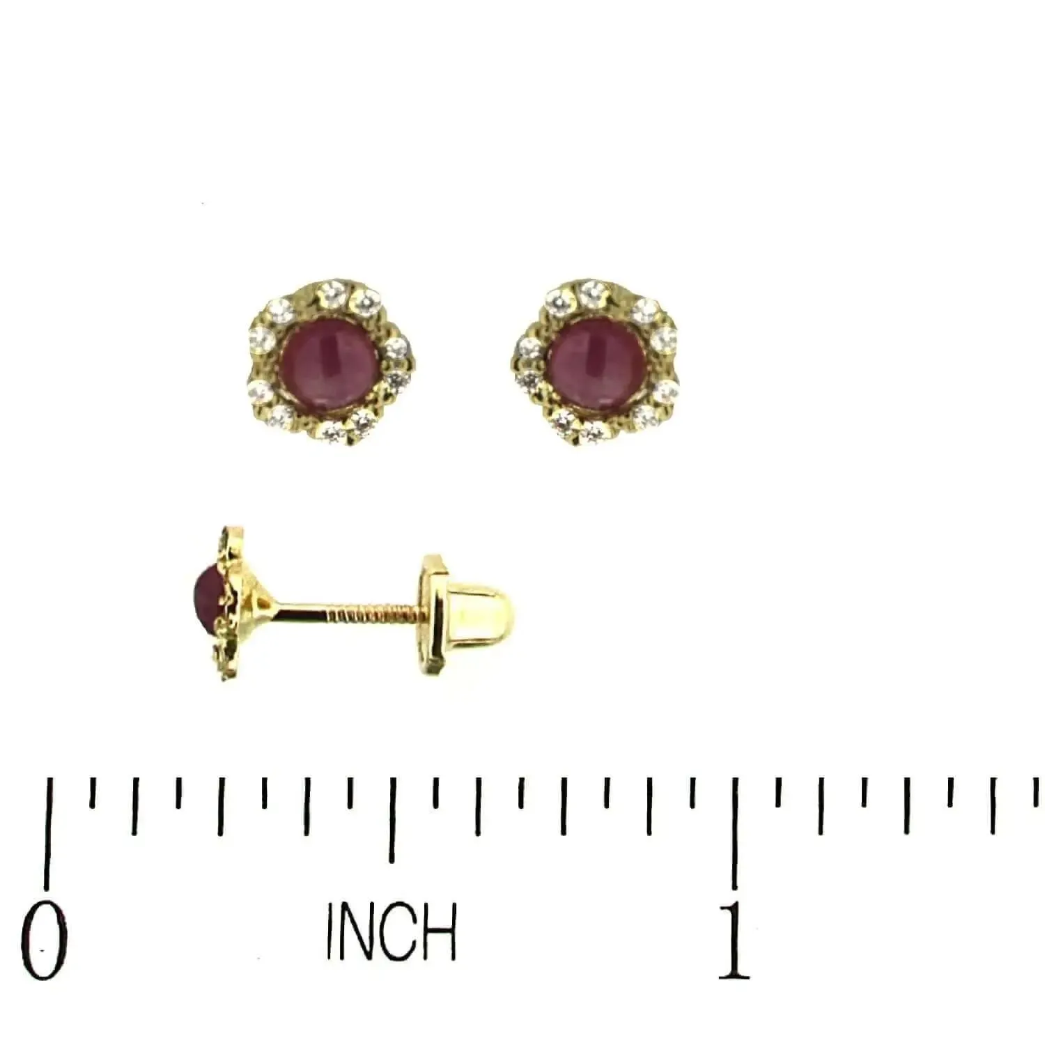 18K Yellow Gold Cabochon Ruby and Zirconia Flower Earrings