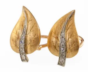 18k Yellow Gold Diamond Leaf Earrings Gorgeous Vintage Look! TDW = 0.25 Ct