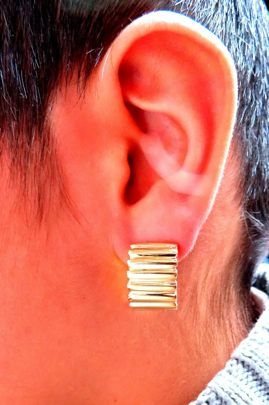 18Kt Gold Staggard Row Pattern Earrings 3D Semi Hoop Clips Post-Less