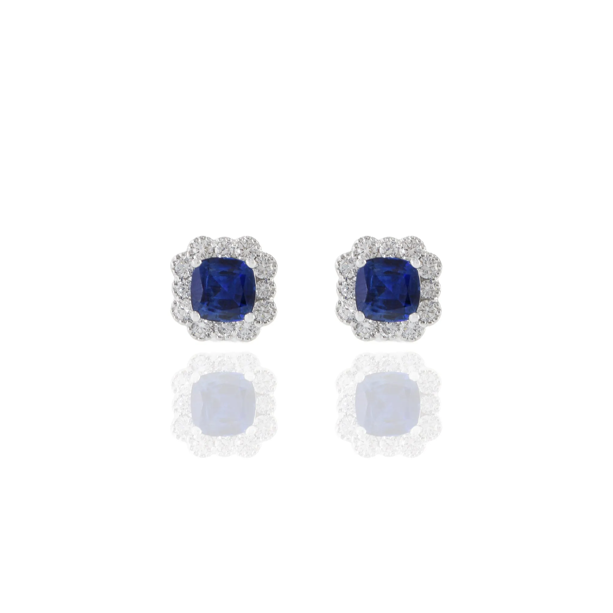 18KT White Gold Cushion Cut Blue Sapphire And Diamond Earrings