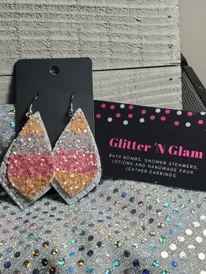 195 Silver, Pink and Mustard Sparkly Triangular Two Layer Dangle Earrings