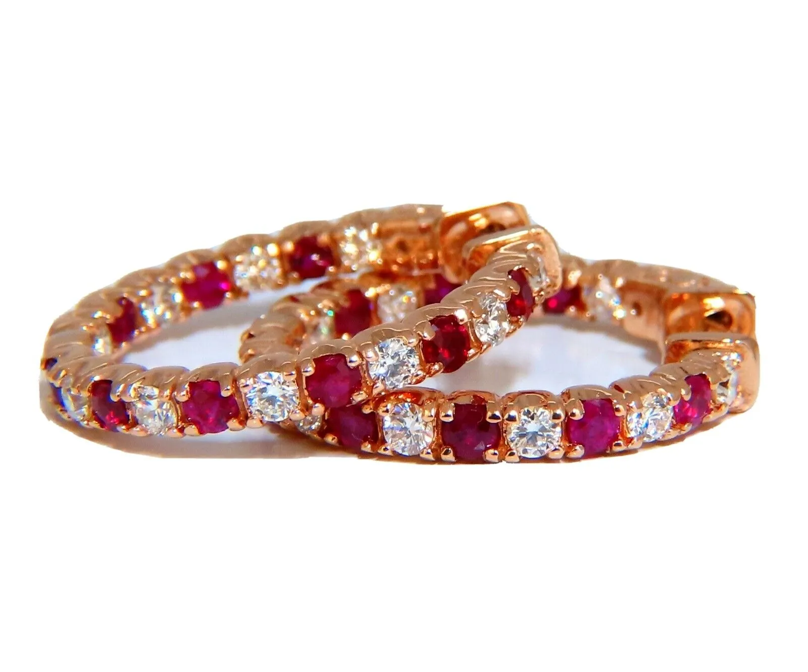 1.95ct natural Ruby diamonds hoop earrings 14kt rose gold inside out