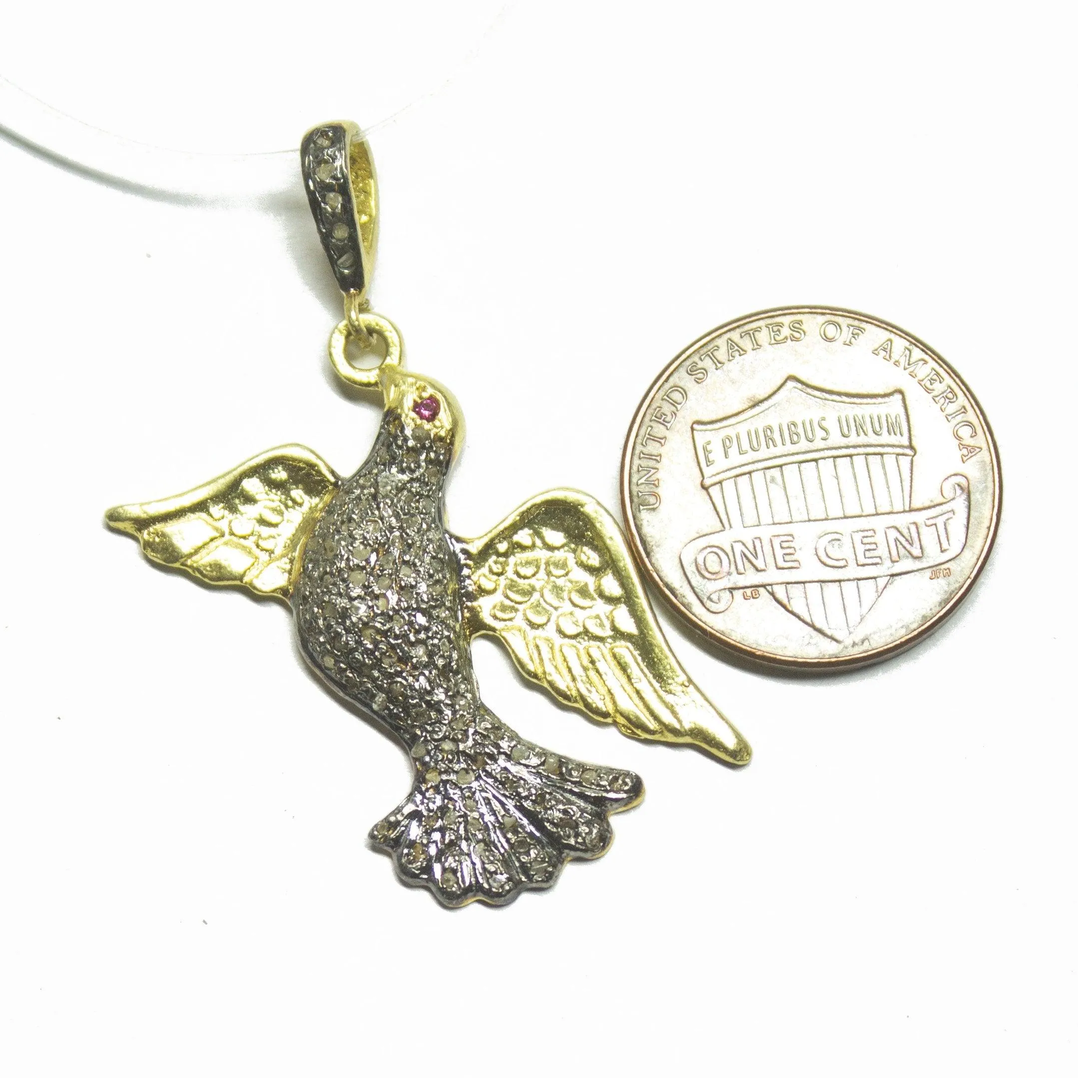 1pc Bird Pave Diamond 925 Sterling Silver Gold Vermeil Charm Pendant 40mmx34mm