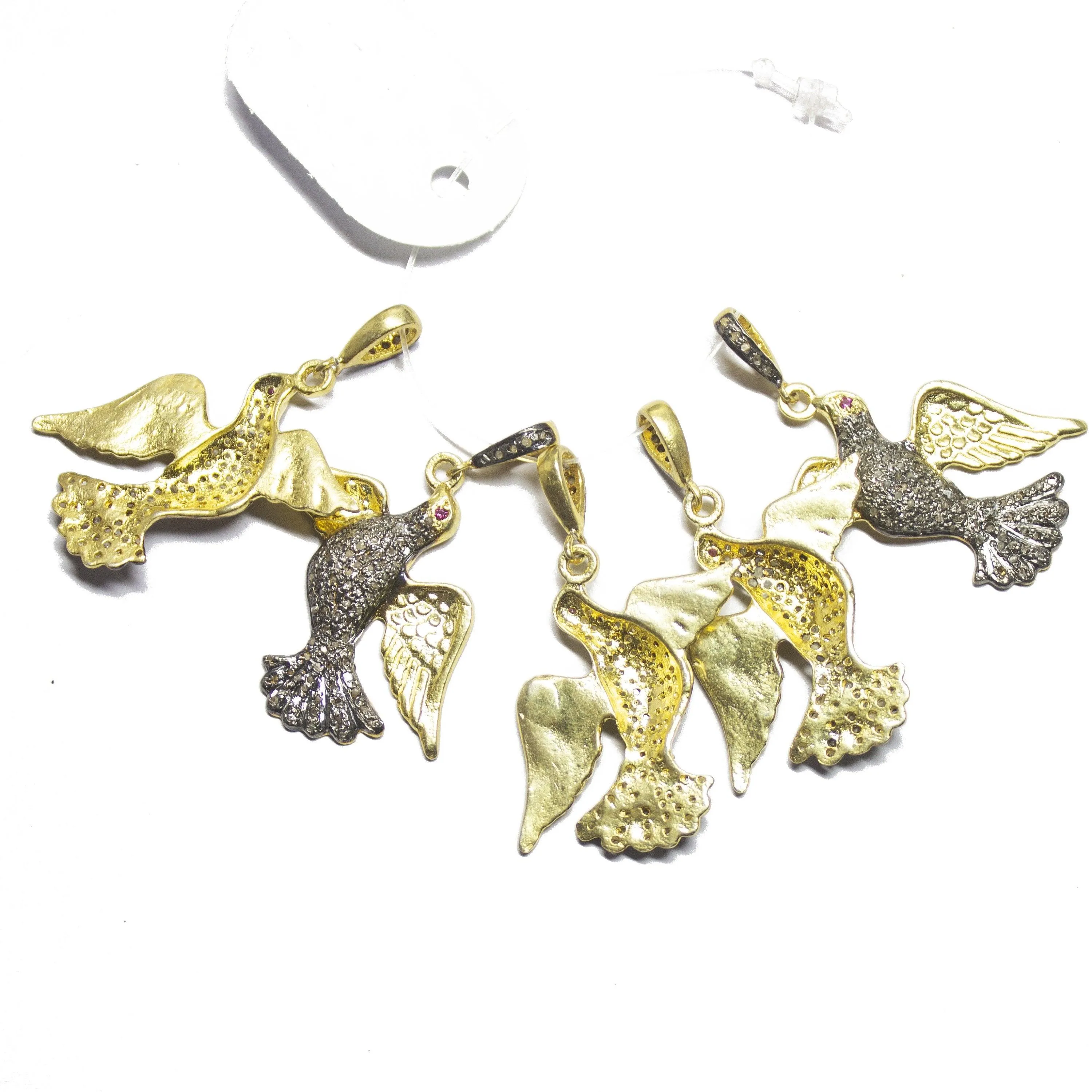 1pc Bird Pave Diamond 925 Sterling Silver Gold Vermeil Charm Pendant 40mmx34mm