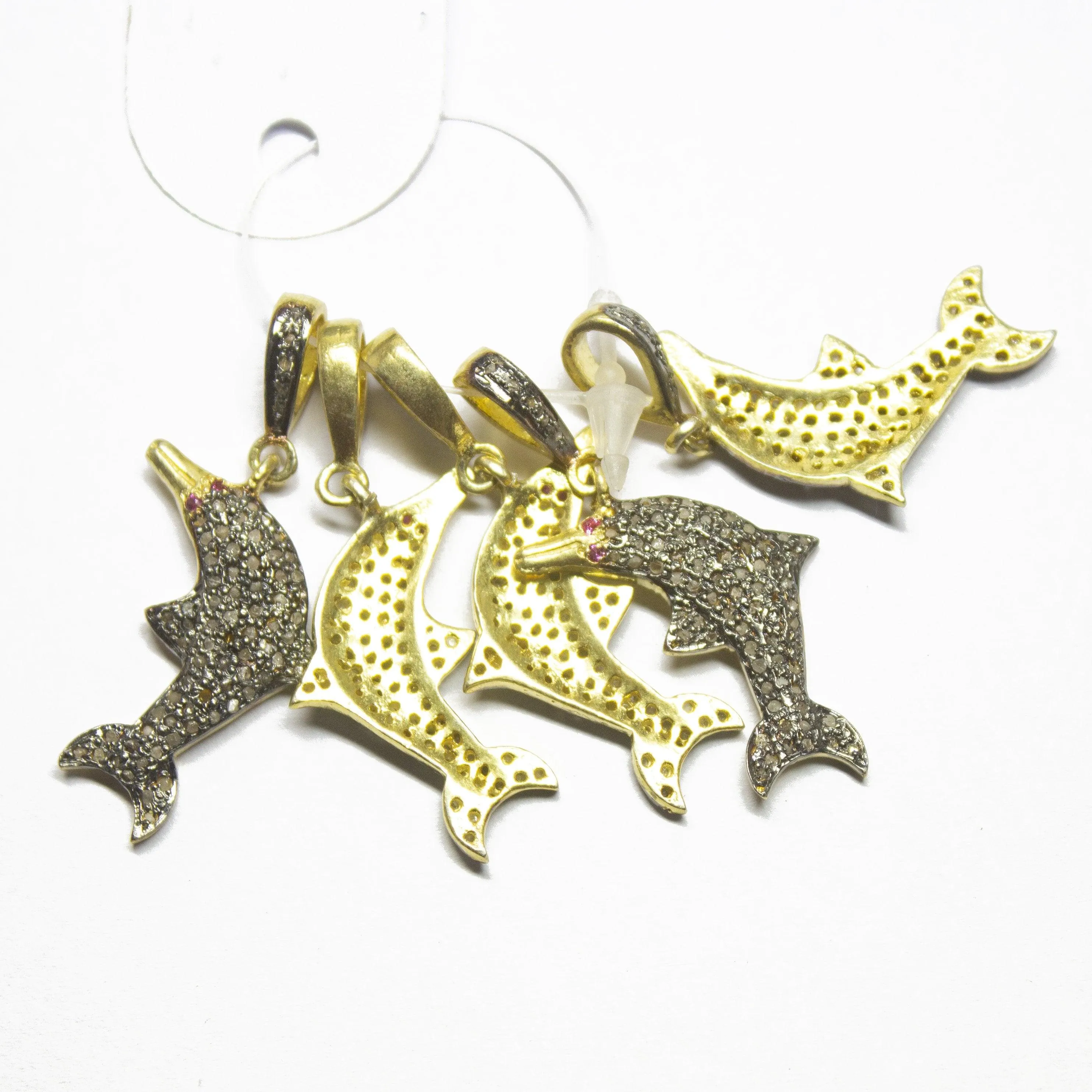 1pc Fish Pave Diamond 925 Sterling Silver Gold Vermeil Charm Pendant 36mm x 14mm
