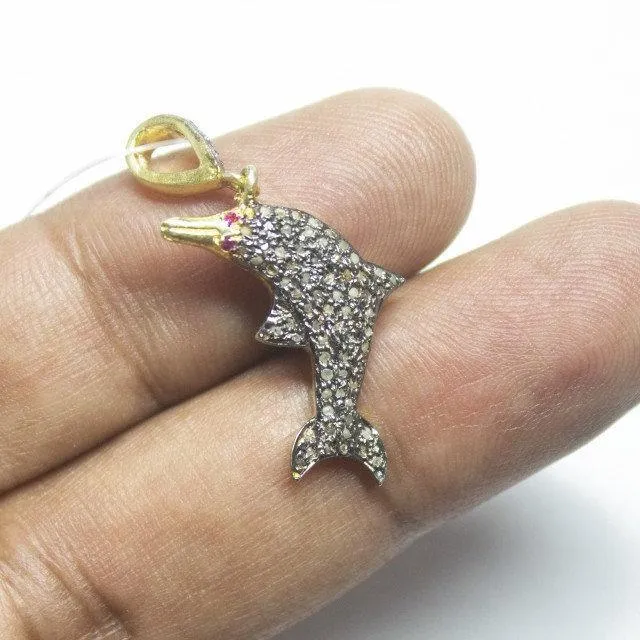 1pc Fish Pave Diamond 925 Sterling Silver Gold Vermeil Charm Pendant 36mm x 14mm