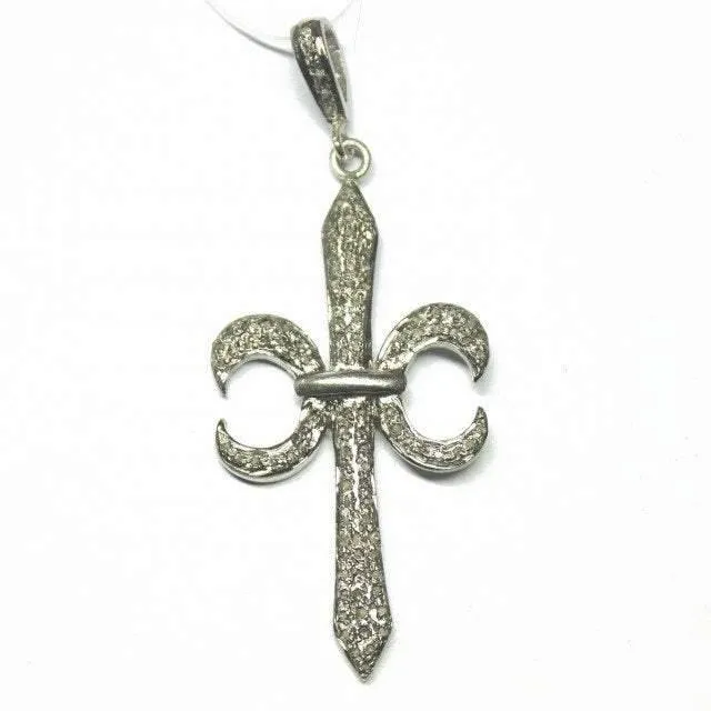 1pc Fleur Pave Diamond 925 Sterling Silver Gold Vermeil Charm Pendant 54mm x 22mm