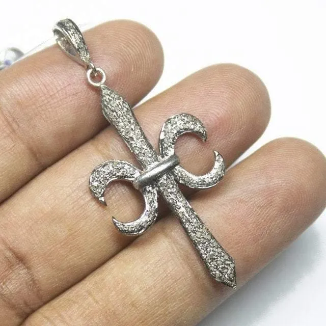 1pc Fleur Pave Diamond 925 Sterling Silver Gold Vermeil Charm Pendant 54mm x 22mm