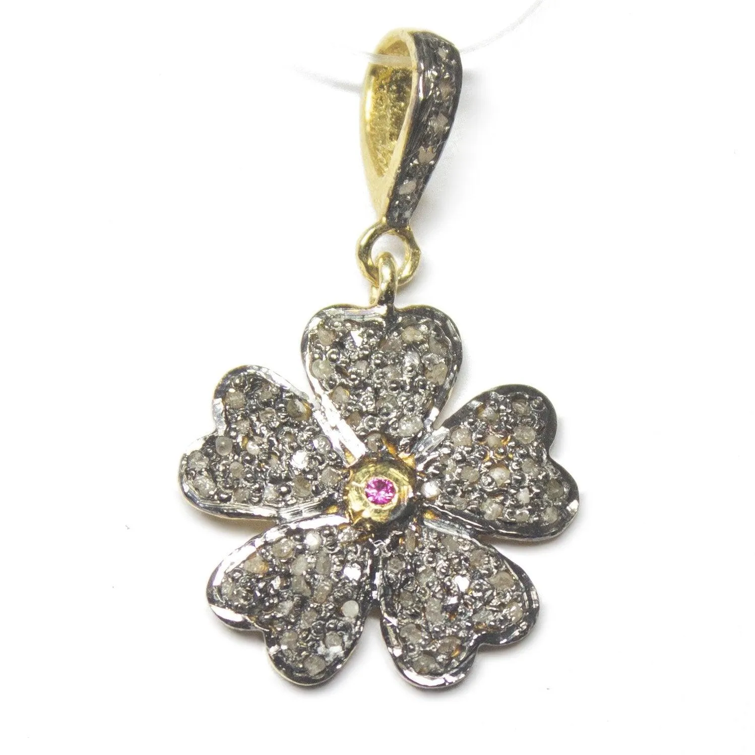 1pc Flower Pave Diamond 925 Sterling Silver Gold Vermeil Charm Pendant 29mm x 17mm