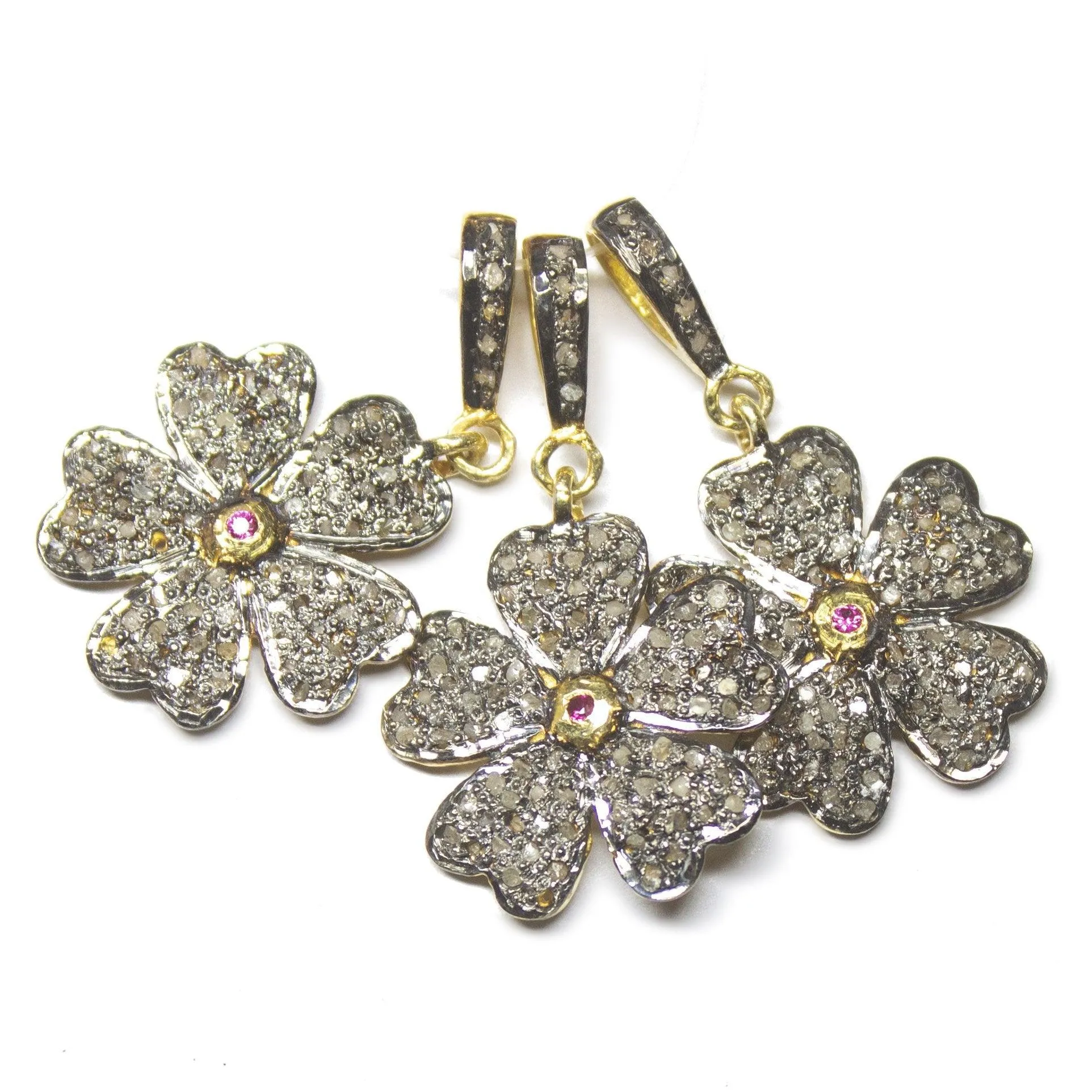 1pc Flower Pave Diamond 925 Sterling Silver Gold Vermeil Charm Pendant 29mm x 17mm