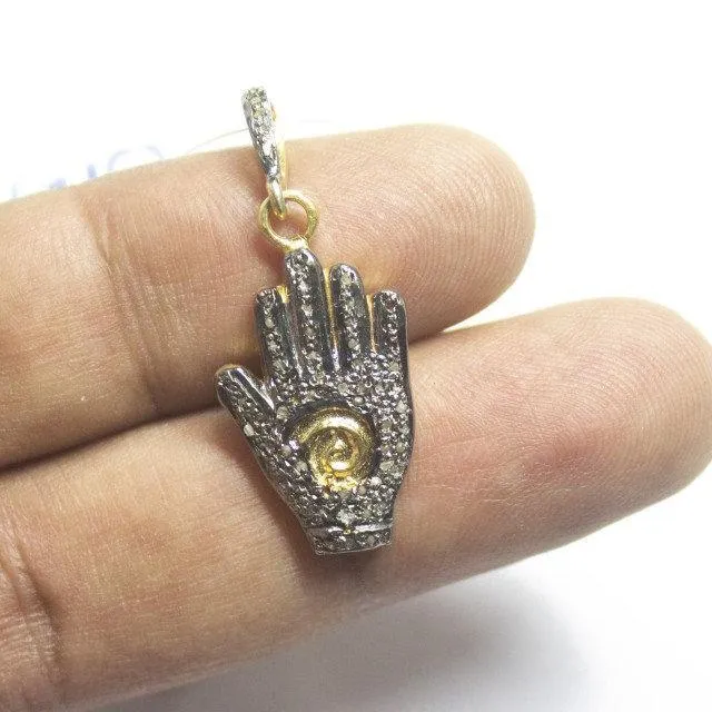 1pc Hamsa Pave Diamond 925 Sterling Silver Gold Vermeil Charm Pendant 35mm x 15mm