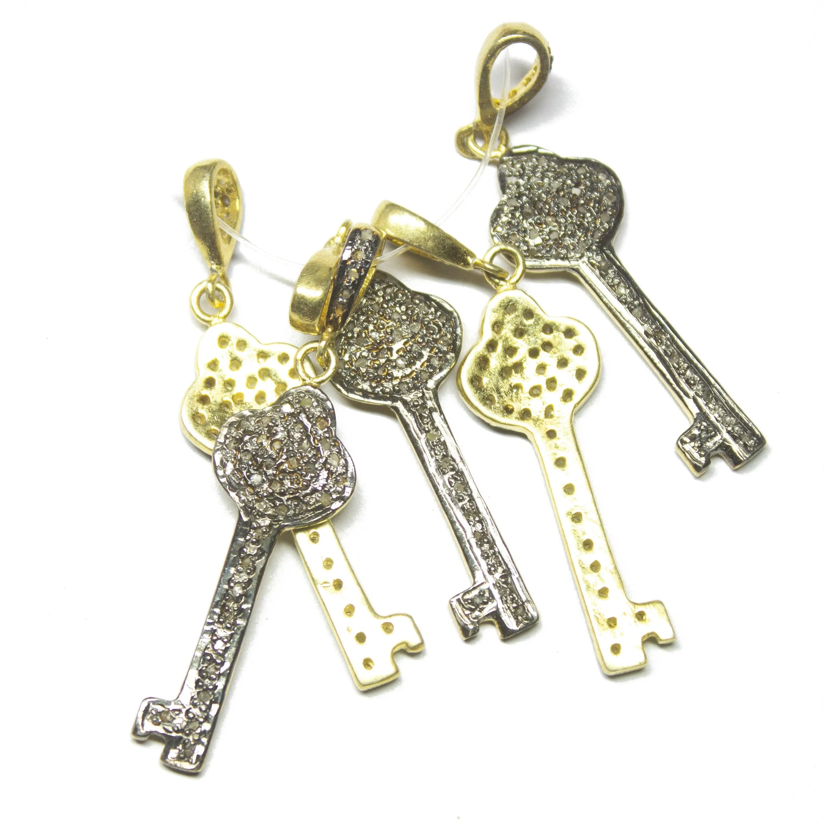1pc Key Pave Diamond 925 Sterling Silver Gold Vermeil Charm Pendant 45mmx11mm