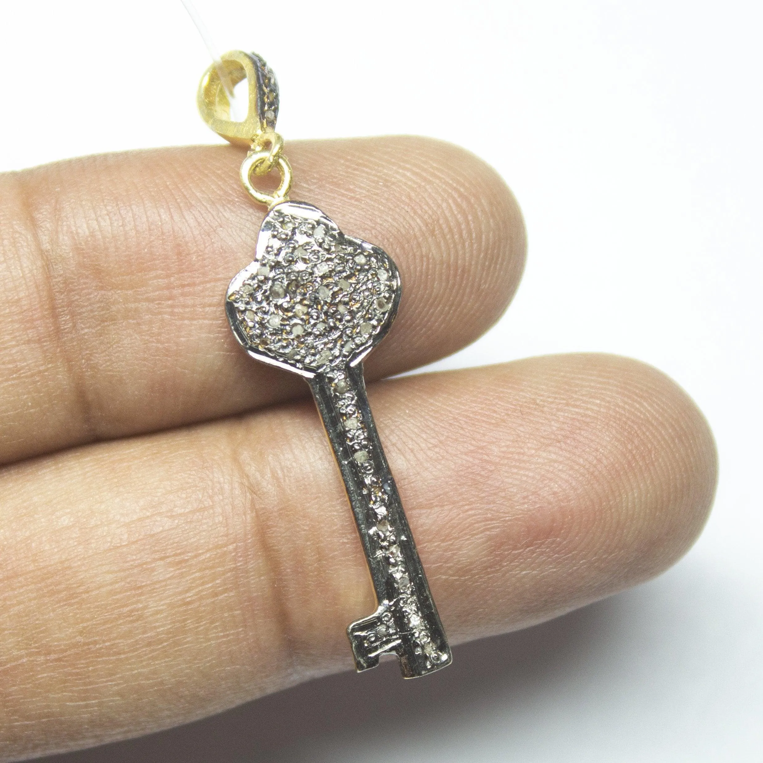 1pc Key Pave Diamond 925 Sterling Silver Gold Vermeil Charm Pendant 45mmx11mm