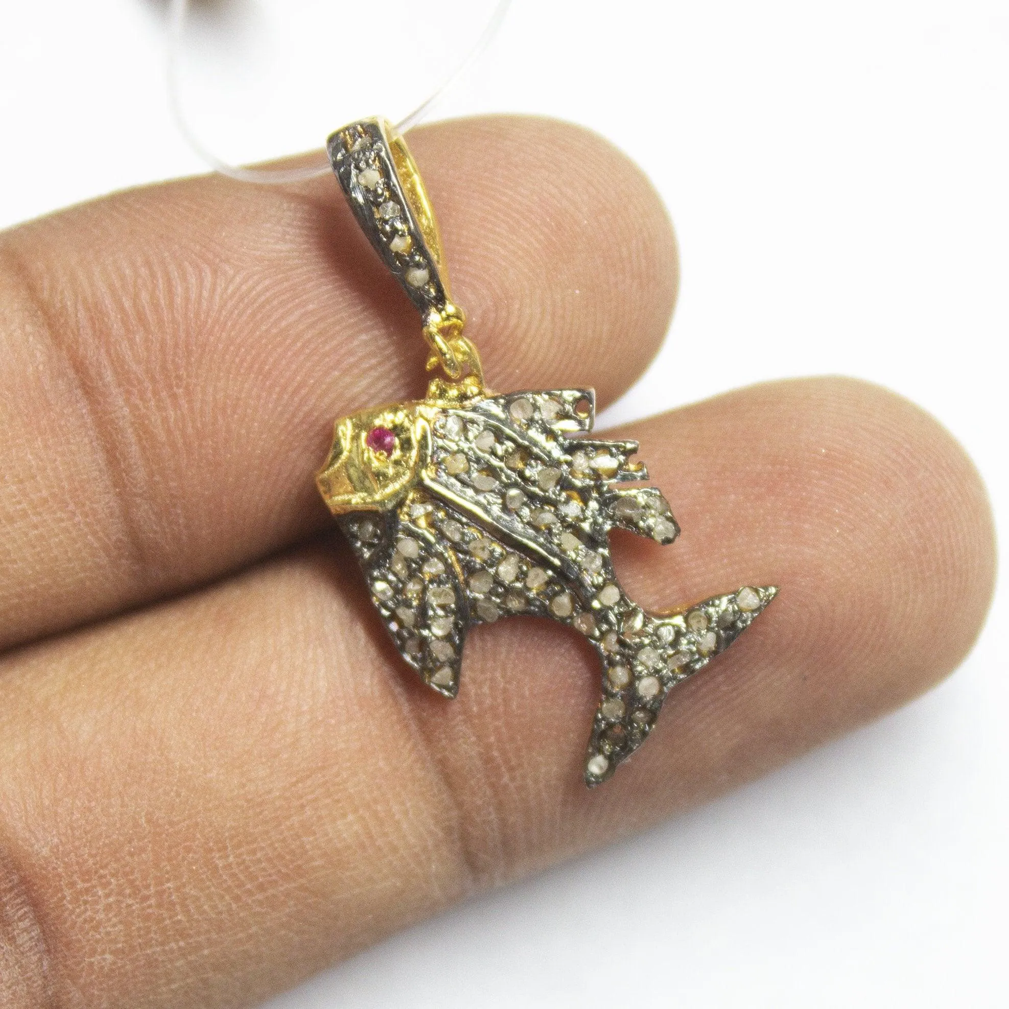 1pc Pave Diamond Fish 925 Sterling Silver Gold Vermeil Charm Pendant 30mmx13mm