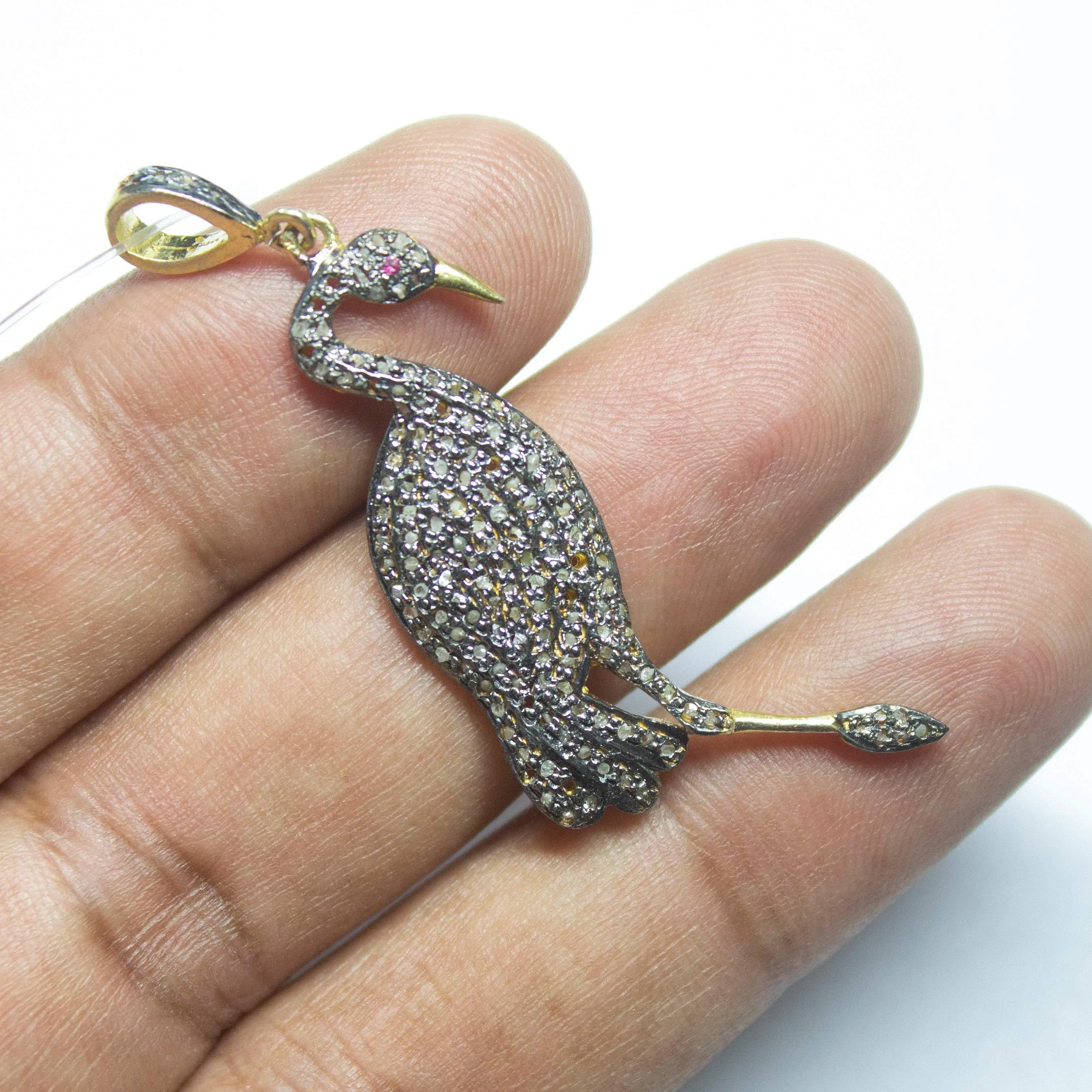 1pc Pave Diamond Flamingo Bird 925 Sterling Silver Gold Vermeil Charm Pendant 57mmx16mm