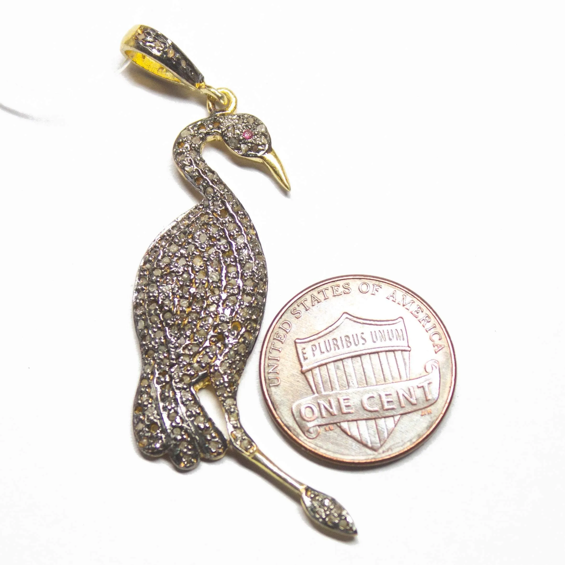 1pc Pave Diamond Flamingo Bird 925 Sterling Silver Gold Vermeil Charm Pendant 57mmx16mm