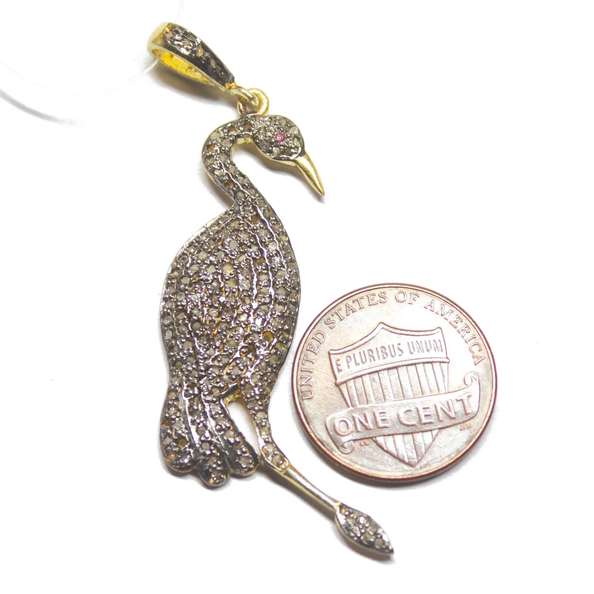 1pc Pave Diamond Flamingo Bird 925 Sterling Silver Gold Vermeil Charm Pendant 57mmx16mm