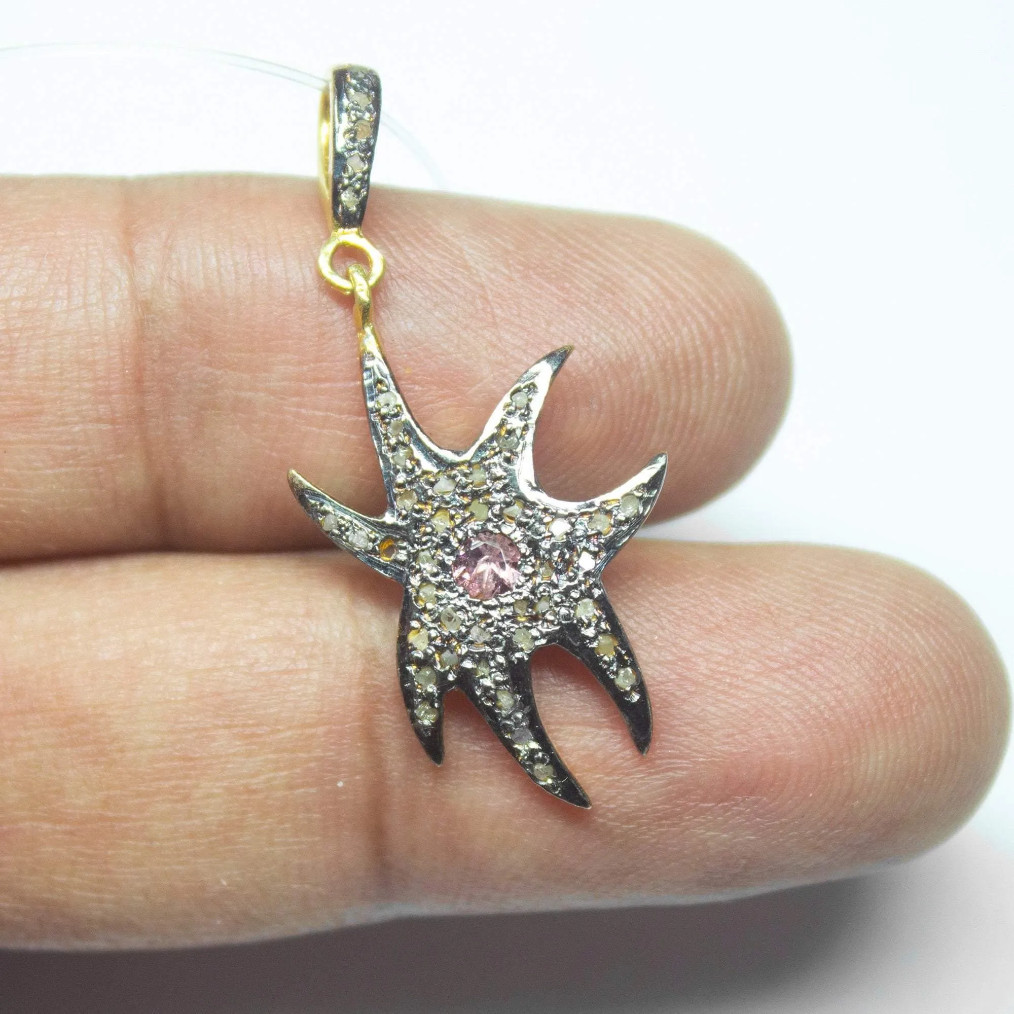 1pc Starfish Pave Diamond Ruby 925 Sterling Silver Oxidized Charm Pendant 37mm x 16mm