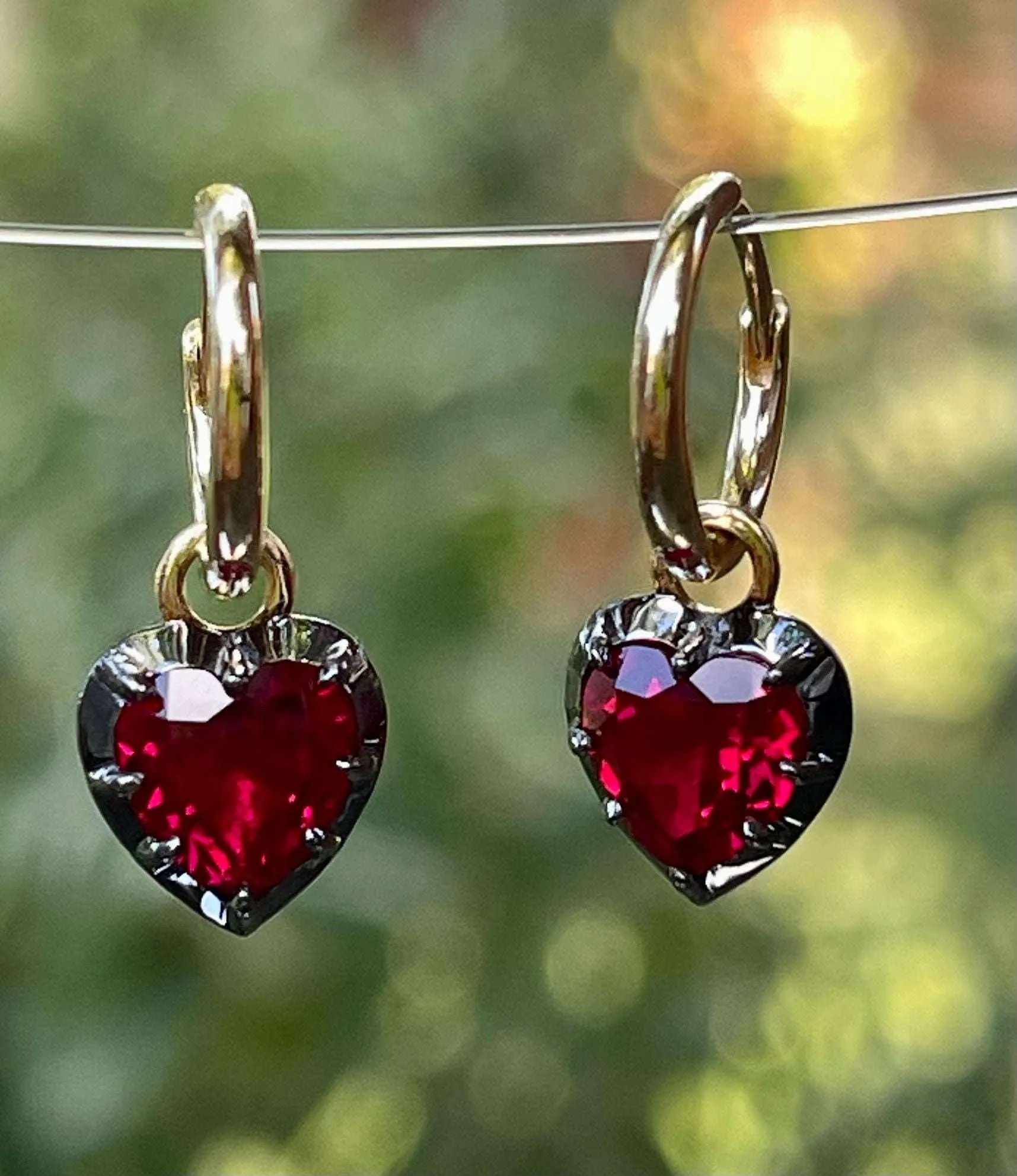 2 Ct Heart Cut Ruby Georgian Victorian Blackened 18K Gold Earrings