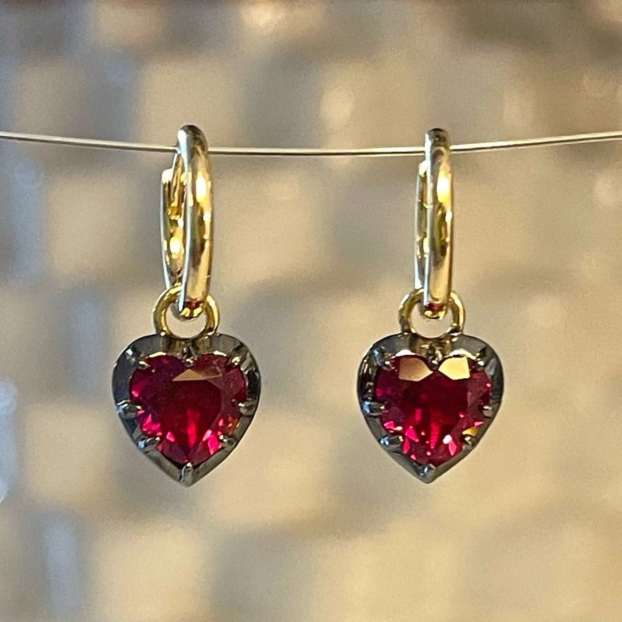 2 Ct Heart Cut Ruby Georgian Victorian Blackened 18K Gold Earrings